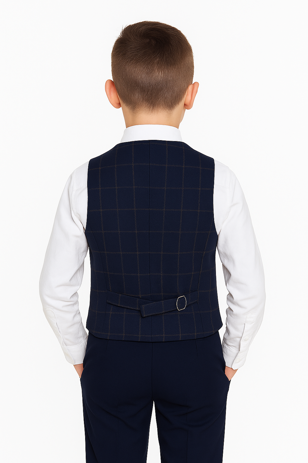 Boys Tailored Fit Herringbone Tweed Check Waistcoat Set - Navy Blue Back Picture