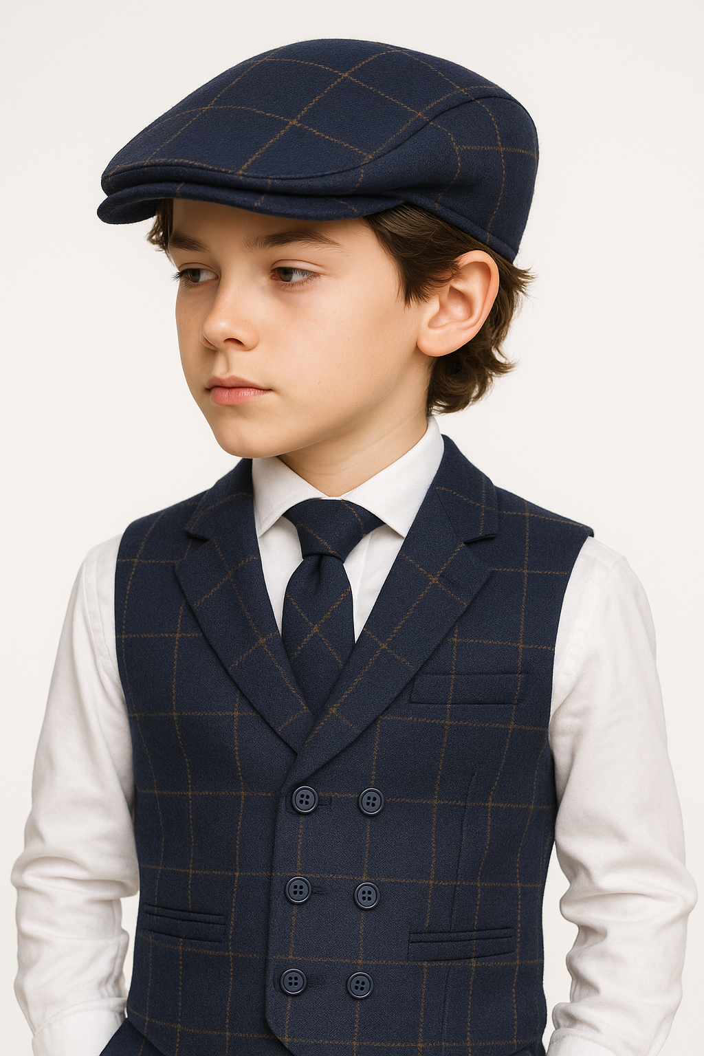 Boys Tailored Fit Herringbone Tweed Check Waistcoat Set - Navy Blue