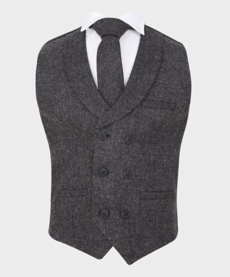 Boys Tailored Fit Herringbone Tweed Waistcoat Set - Charcoal Grey