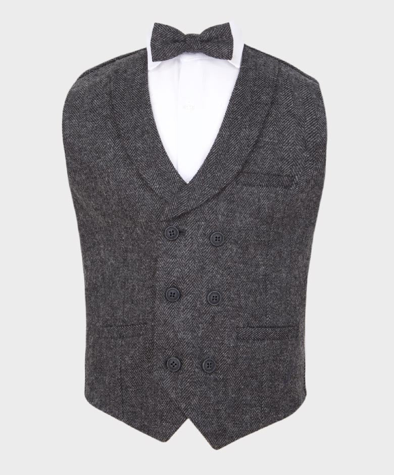 Boys Tailored Fit Herringbone Tweed Waistcoat Set - Charcoal Grey