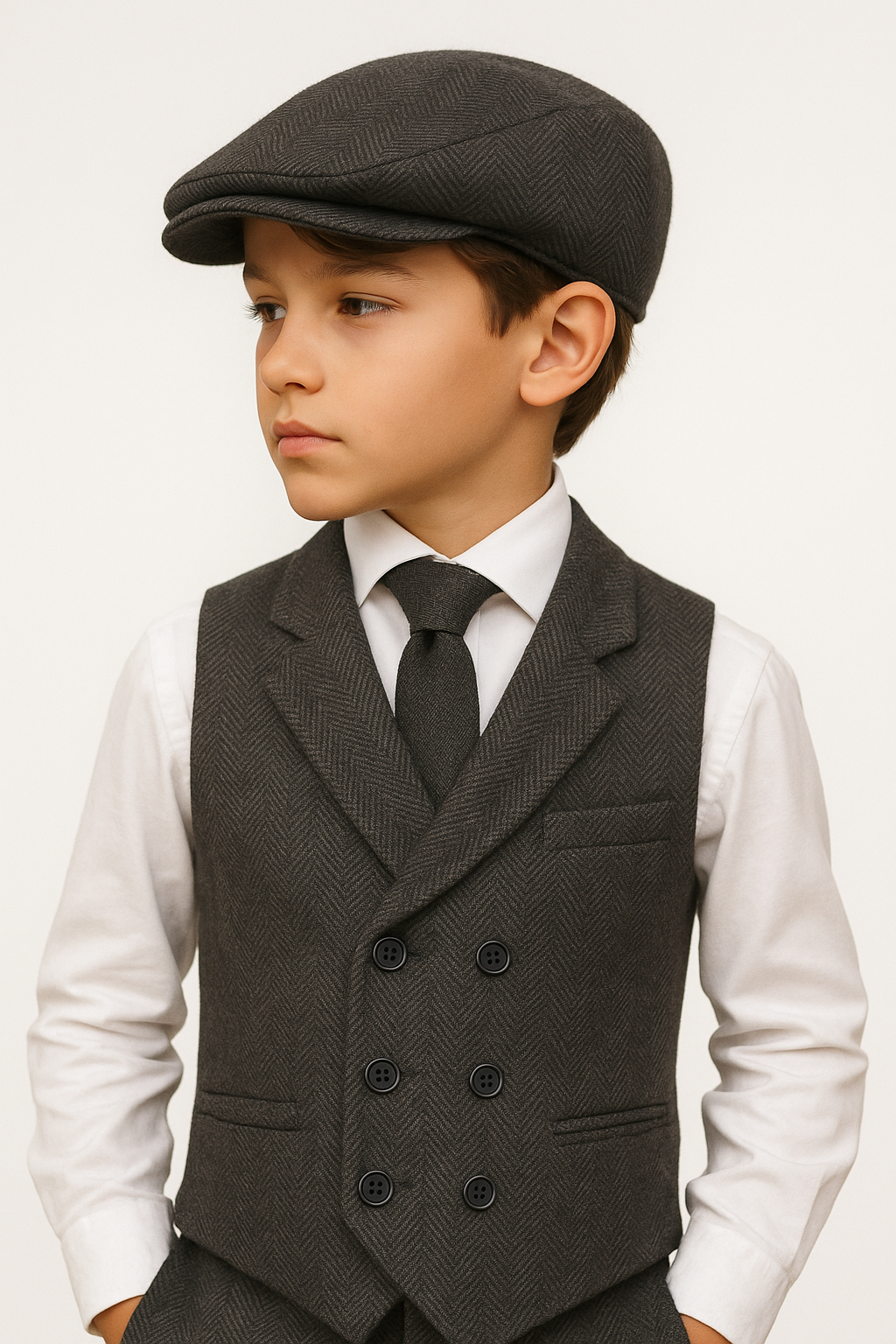 Boys Tailored Fit Herringbone Tweed Waistcoat Set - Charcoal Grey