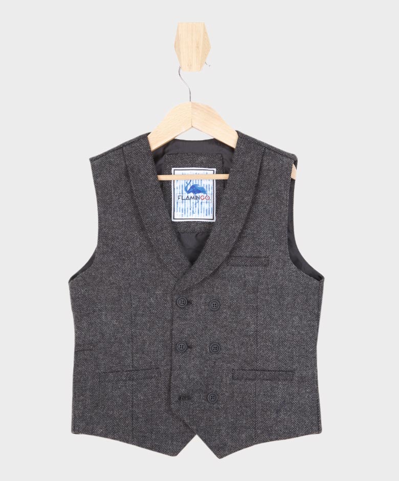 Boys Tailored Fit Herringbone Tweed Waistcoat Set - Charcoal Grey