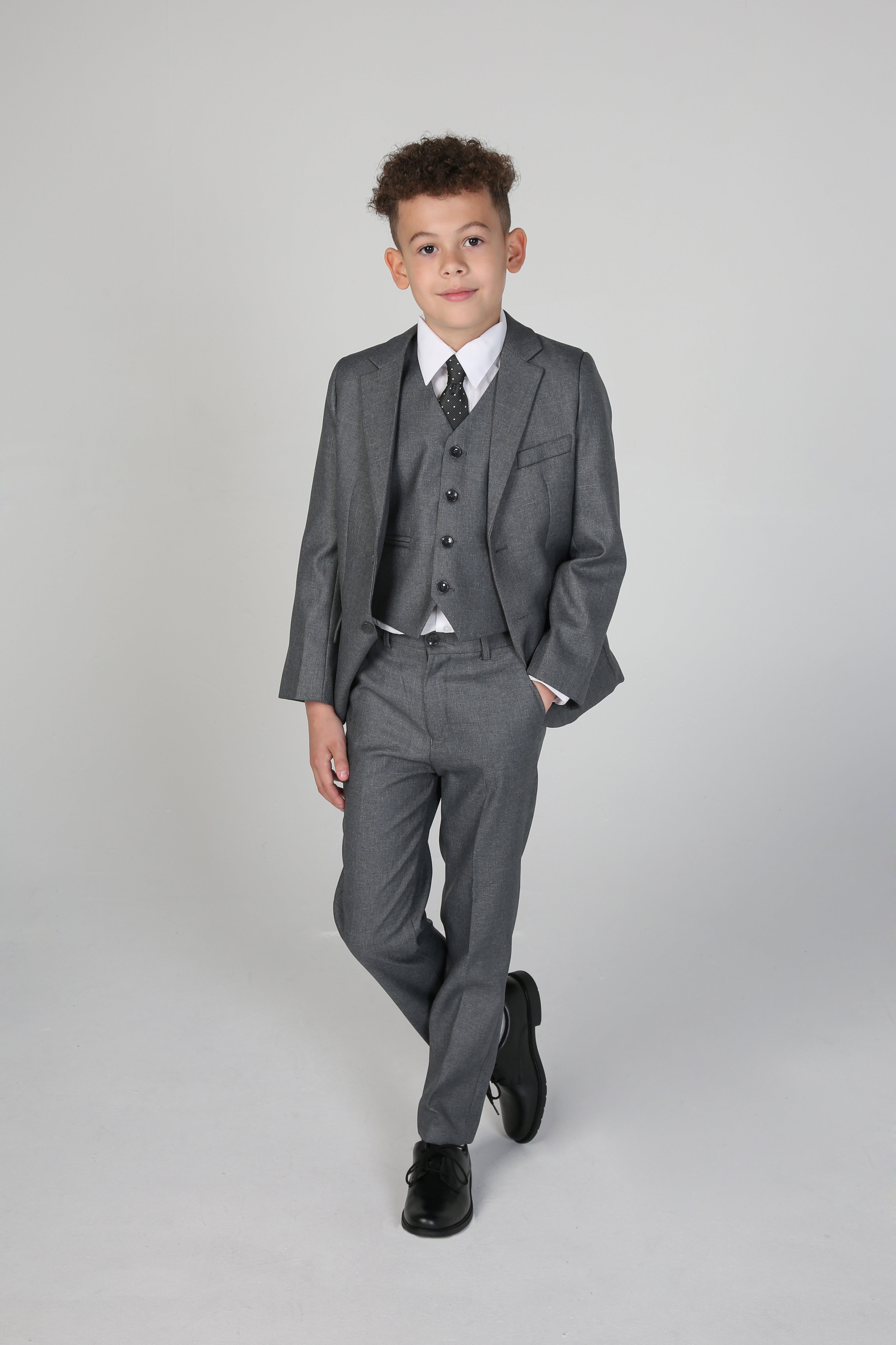 Boys Tailored Fit Suit Formal Wedding 6 Pieces Set in Grey