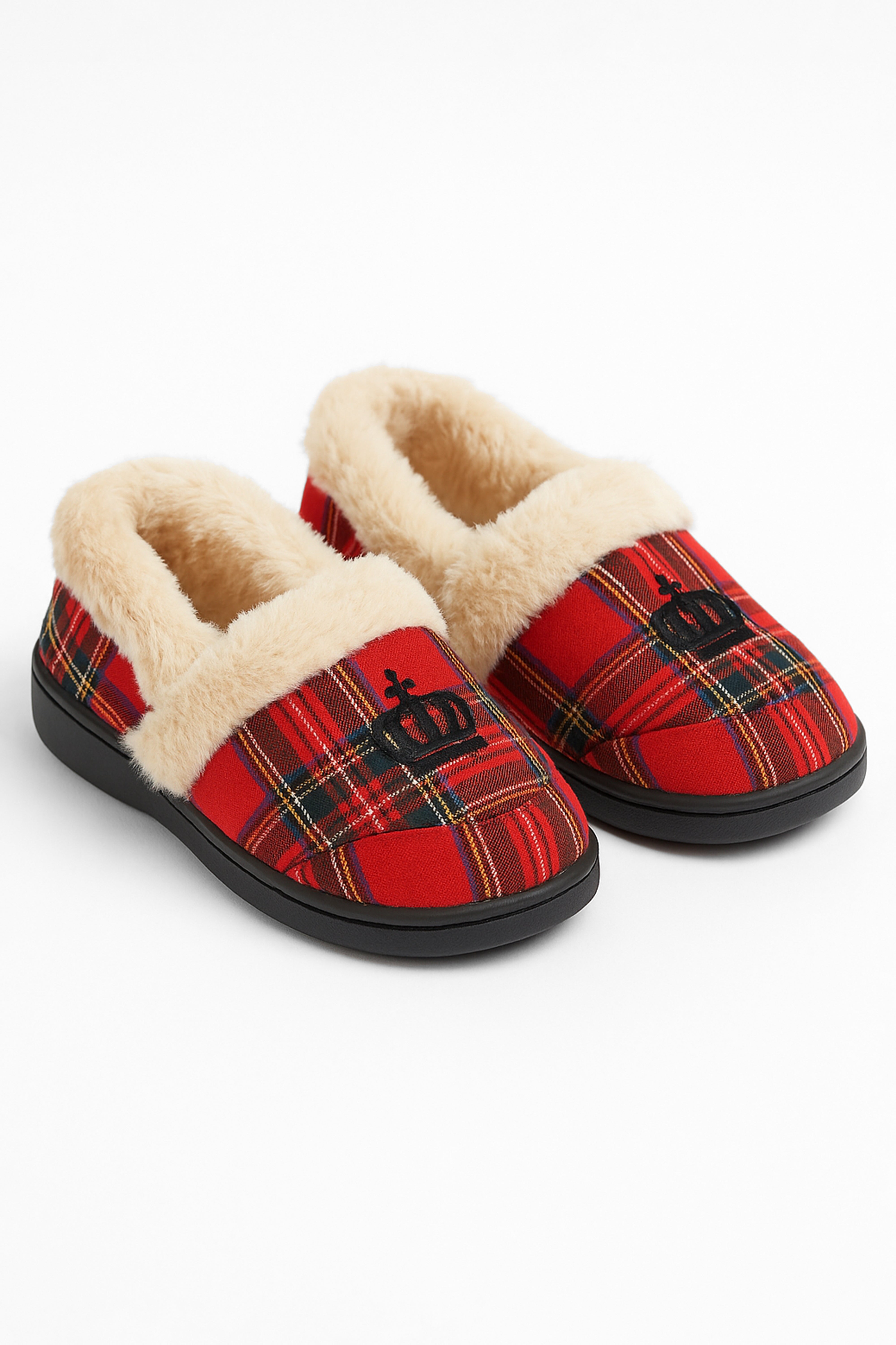 Boys Tartan Plaid Fleece Red Slippers - Crown - Red Pair Side Picture