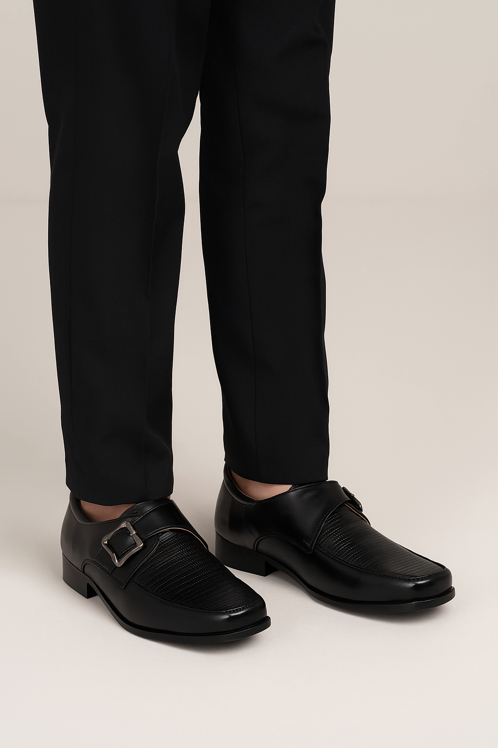 Boys Textured Leather Buckled Monk Shoes - Black Model Picture