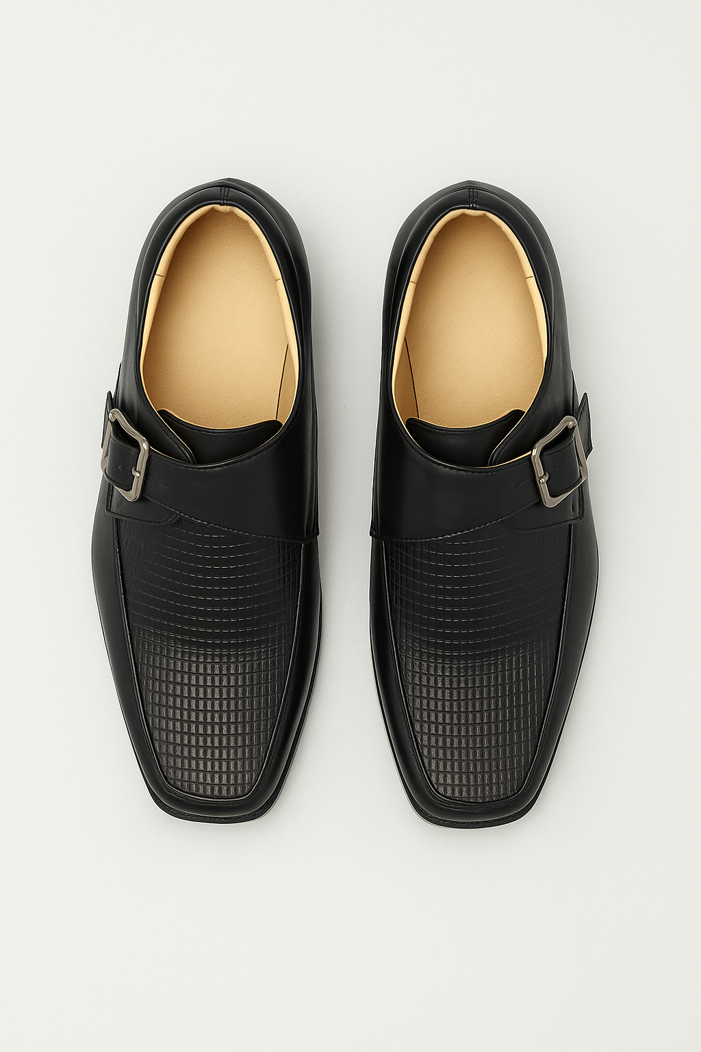 Boys Textured Leather Buckled Monk Shoes - Black Front Picture