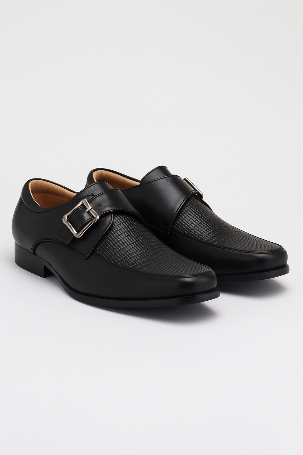 Boys Textured Leather Buckled Monk Shoes - Black Pair Side Picture