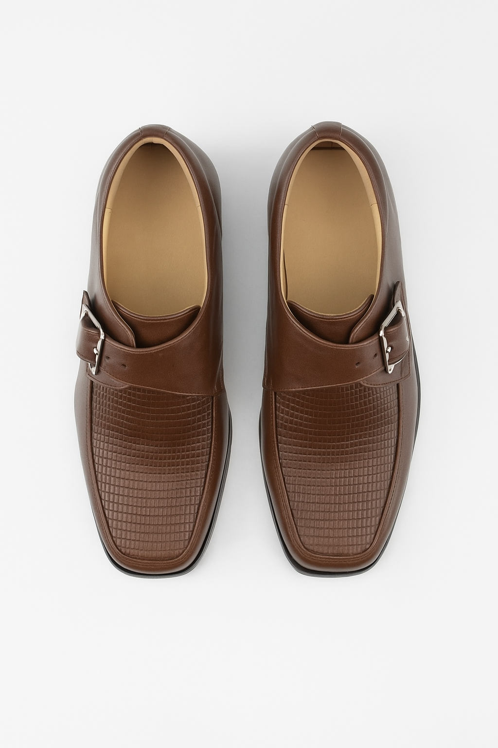 Boys Textured Leather Buckled Monk Shoes - Brown Front Picture