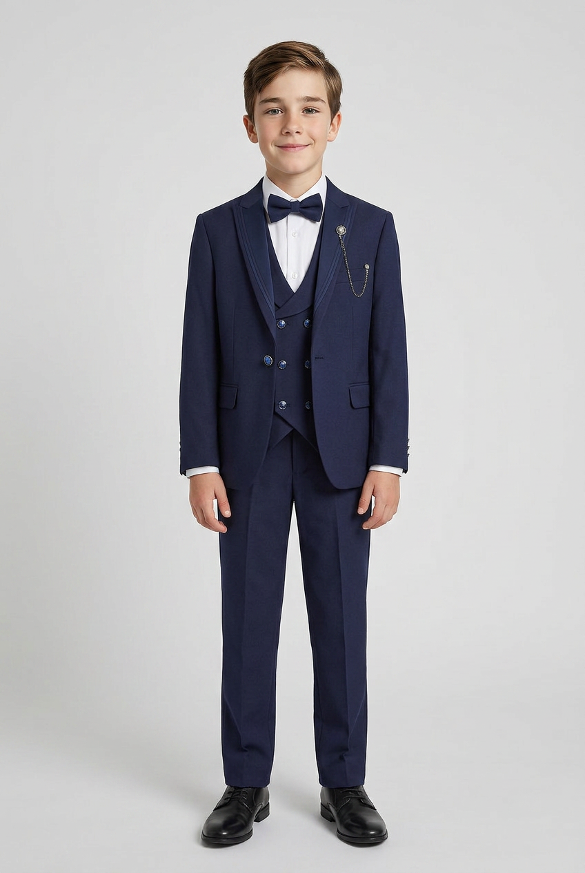 Boys navy tuxedo suit with matching navy lapel front view