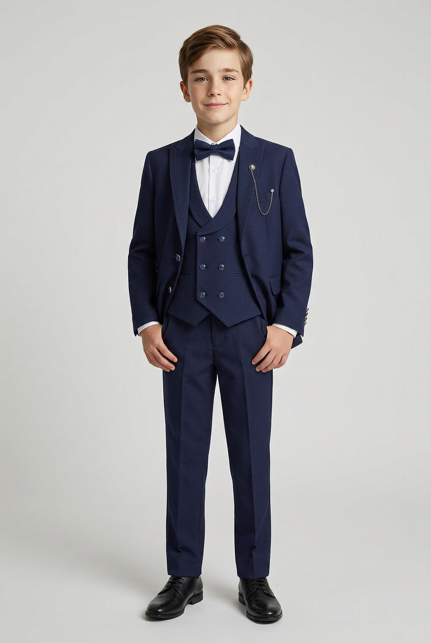 Boys Tuxedo Dinner Suit with Double Breasted Waistcoat - DAMATLIK 6-Piece - Navy