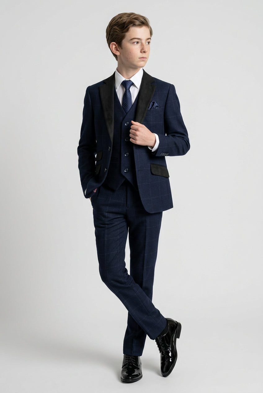 Boys Tweed-Like Windowpane Check Suit with Contrast Collar - Navy Blue
