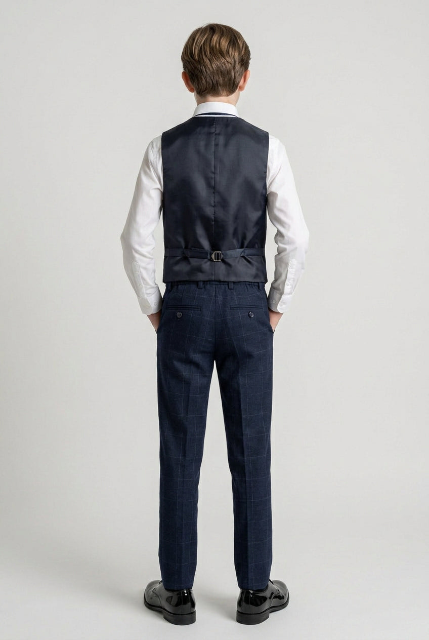 Boys Tweed-Like Windowpane Check Suit with Contrast Collar - Navy Blue