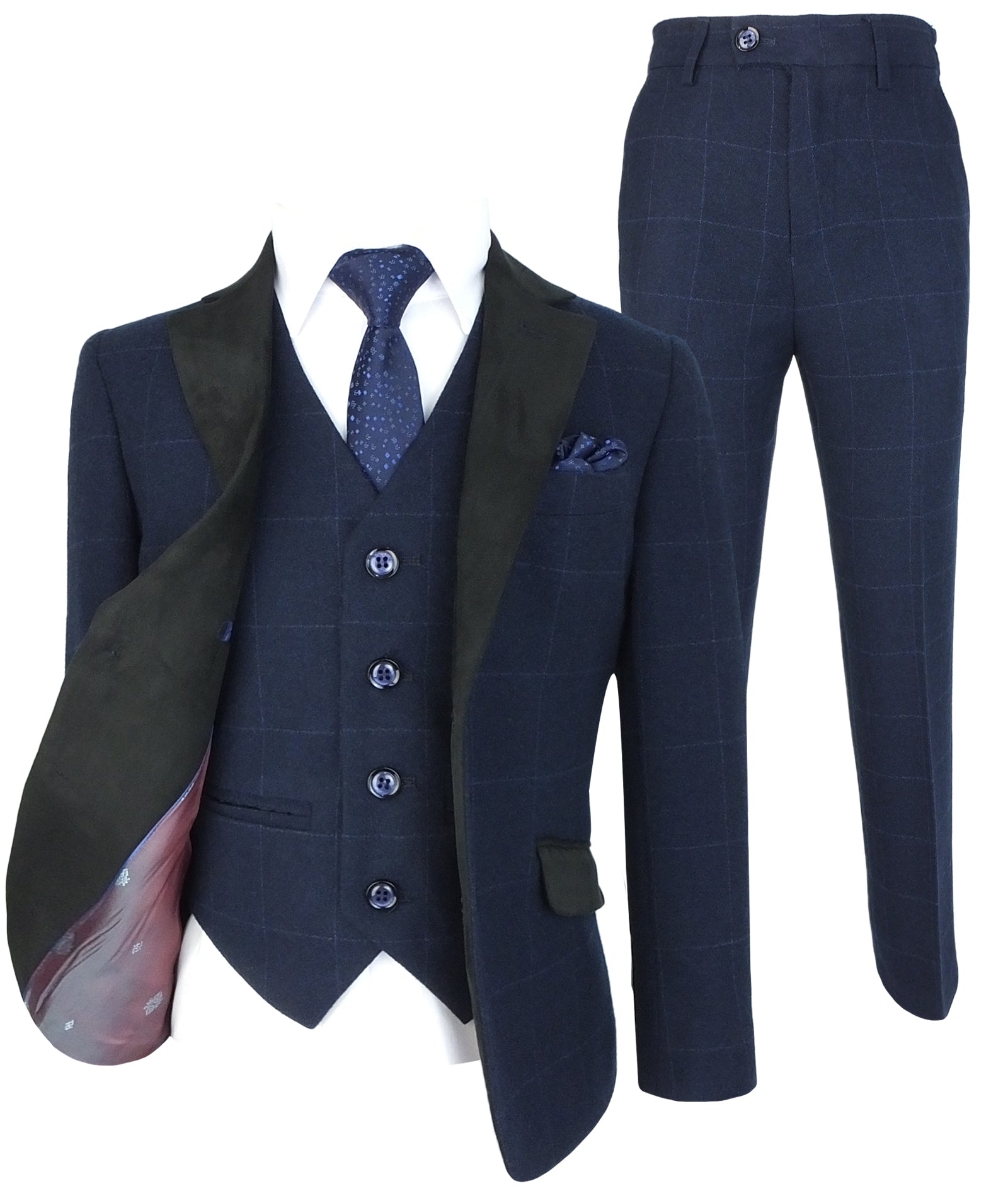 Boys Tweed-Like Windowpane Check Suit with Contrast Collar - Navy Blue