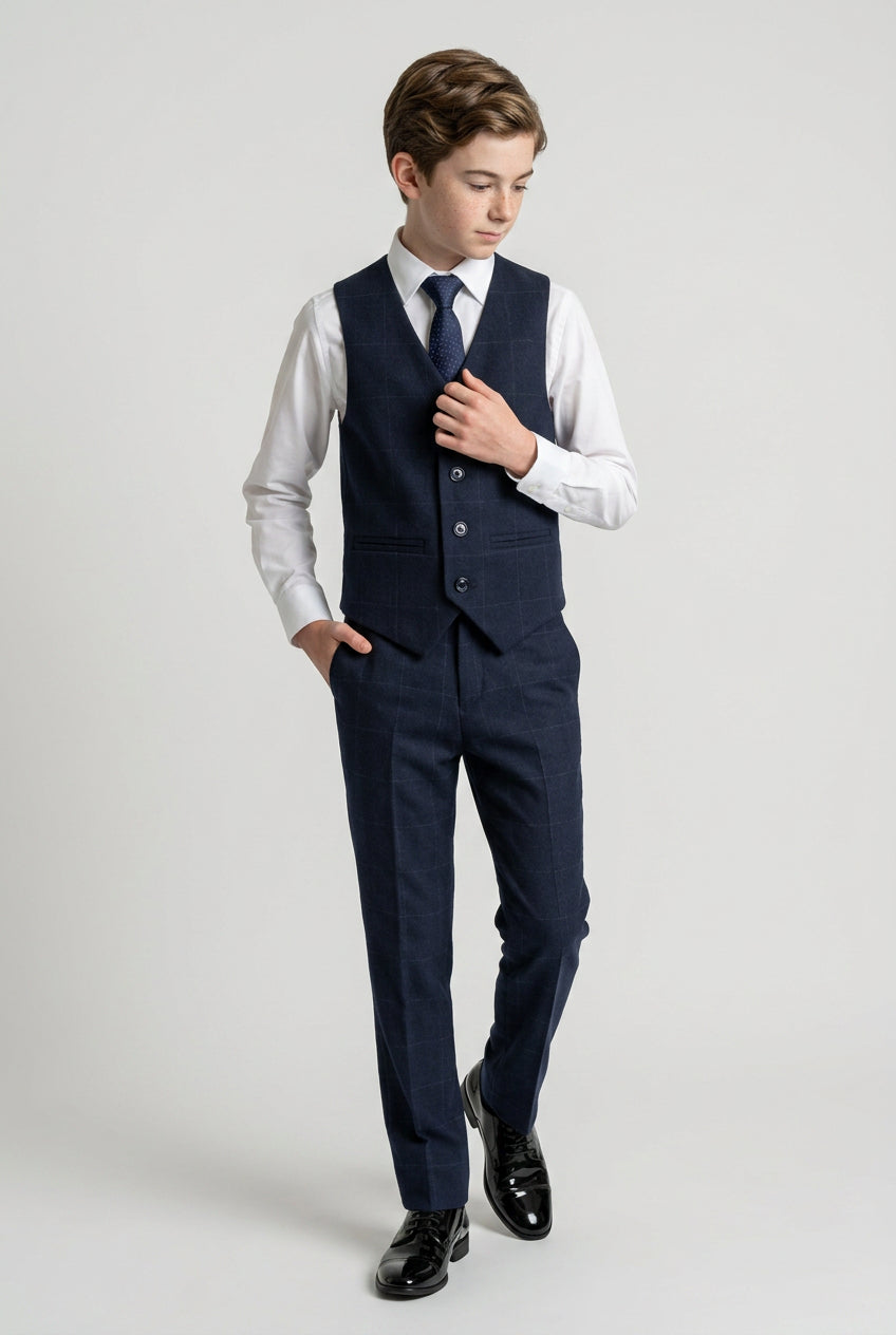 Boys Tweed-Like Windowpane Check Suit with Contrast Collar - Navy Blue