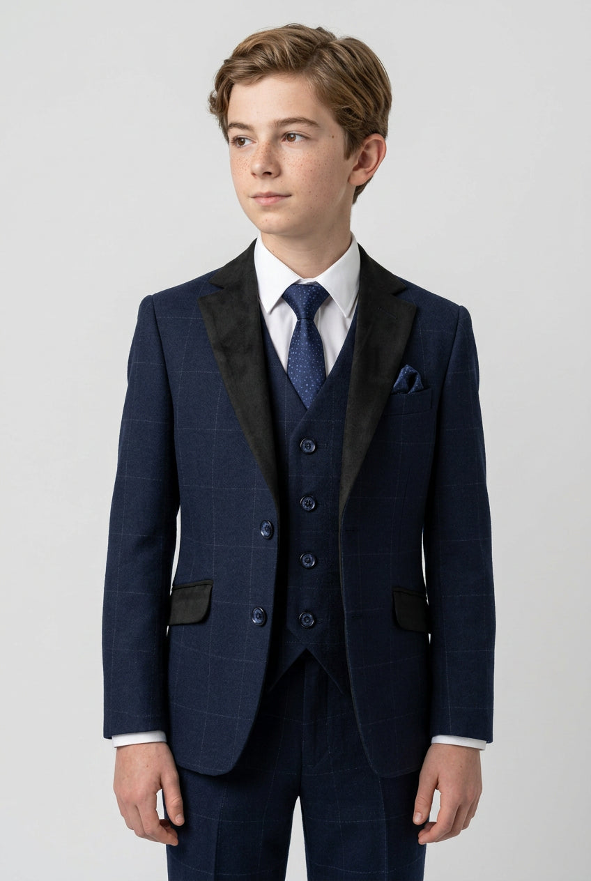 Boys Tweed-Like Windowpane Check Suit with Contrast Collar - Navy Blue