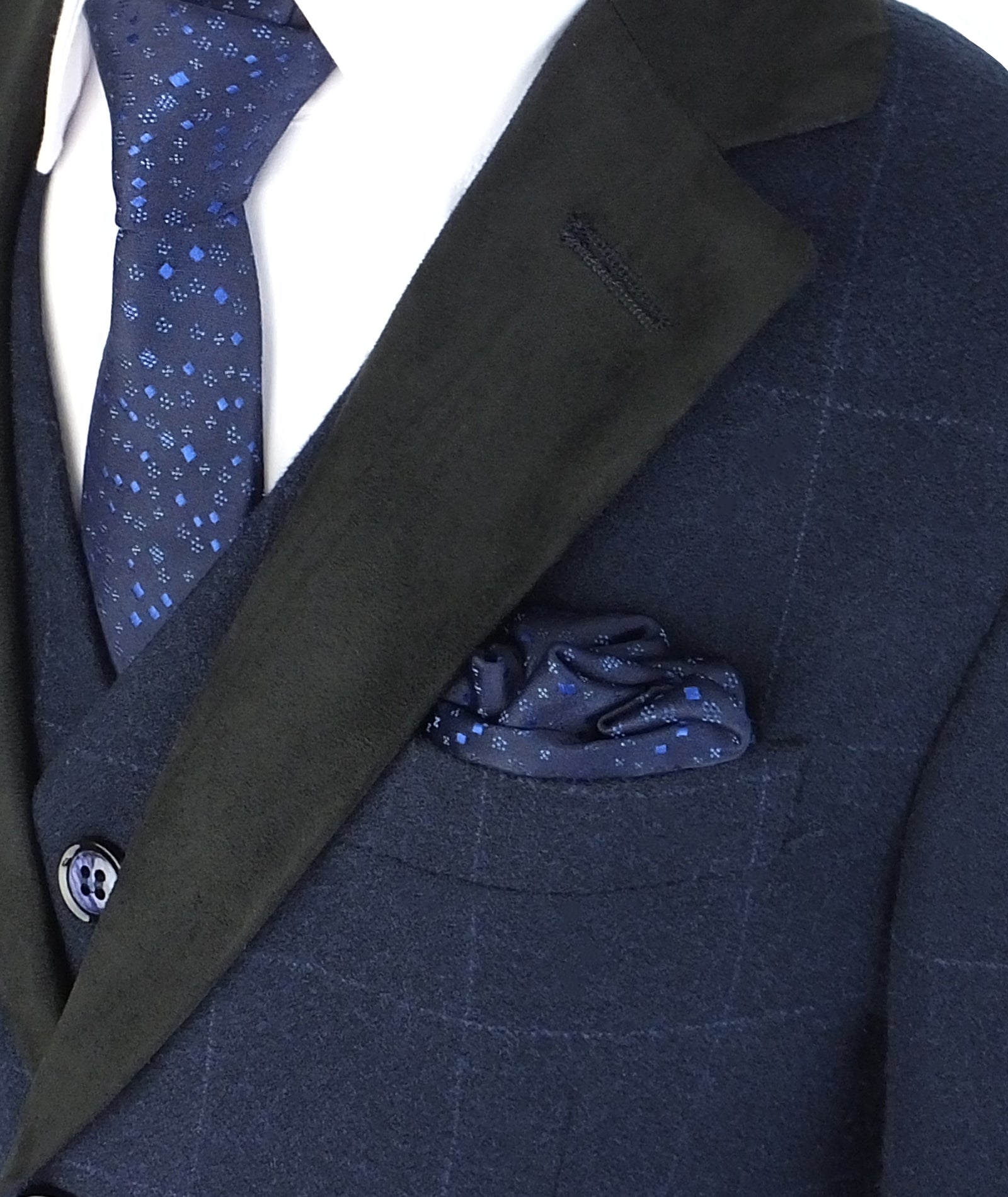 Boys Tweed-Like Windowpane Check Suit with Contrast Collar - Navy Blue