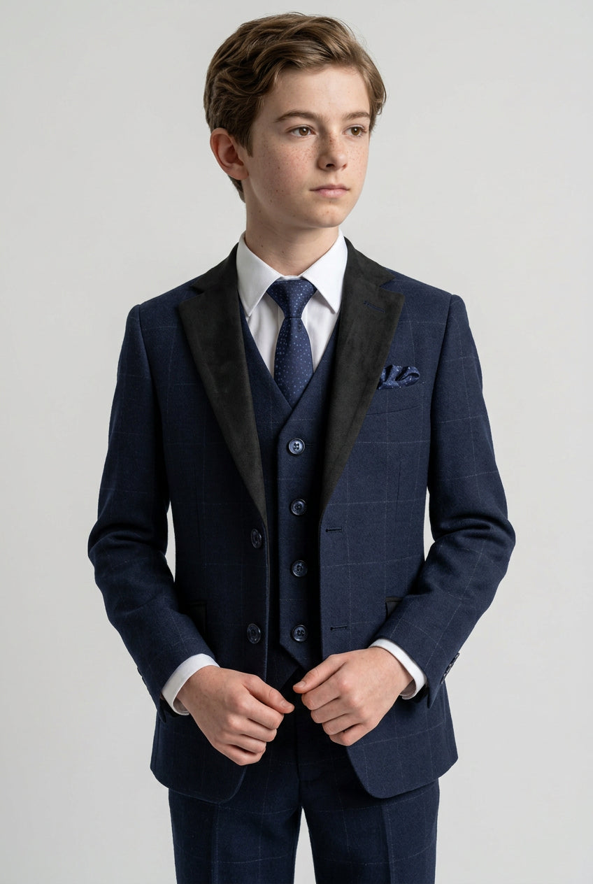 Boys Tweed-Like Windowpane Check Suit with Contrast Collar - Navy Blue