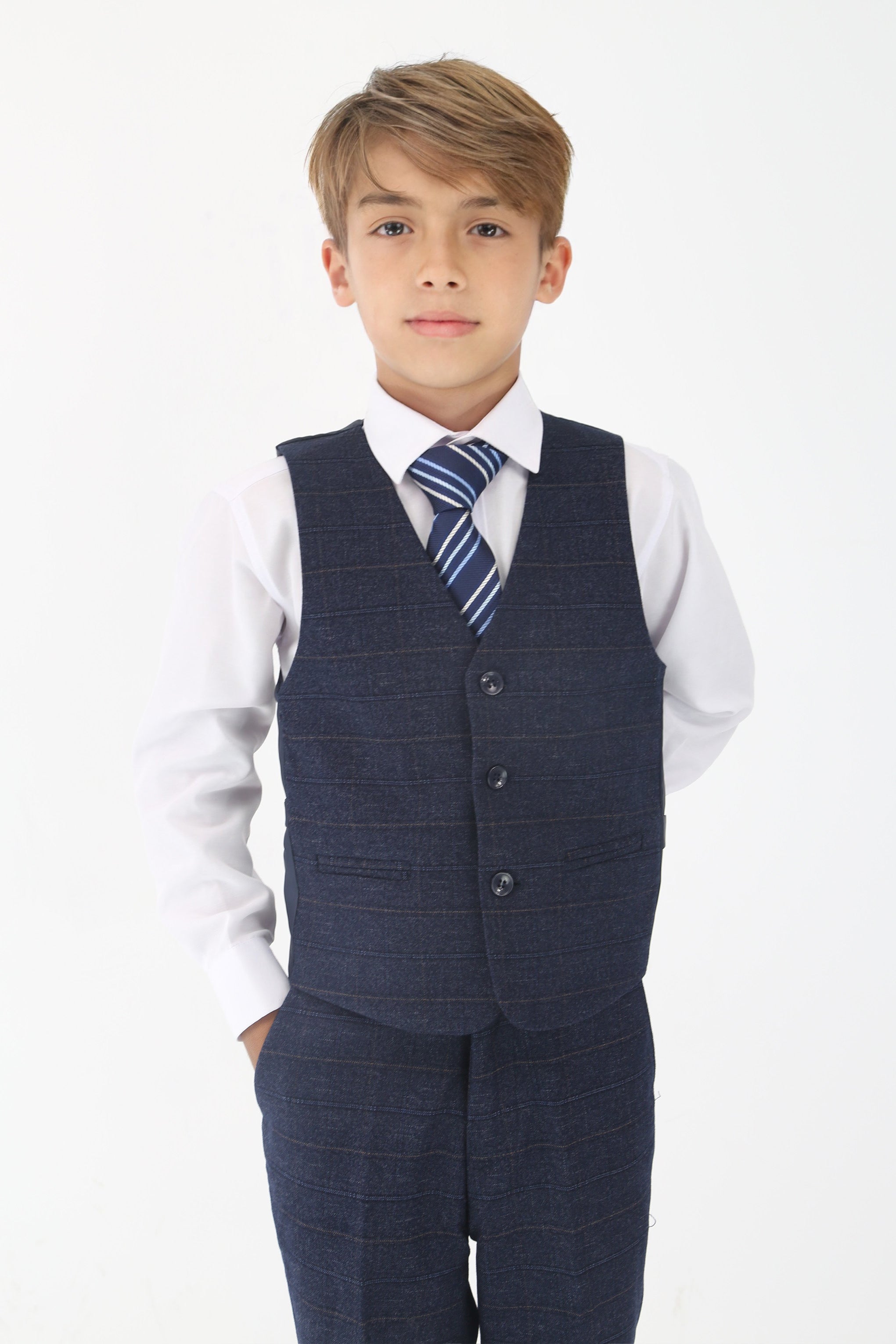 Boys Tweed Like Check Tailored Fit Formal Suit Set - Navy