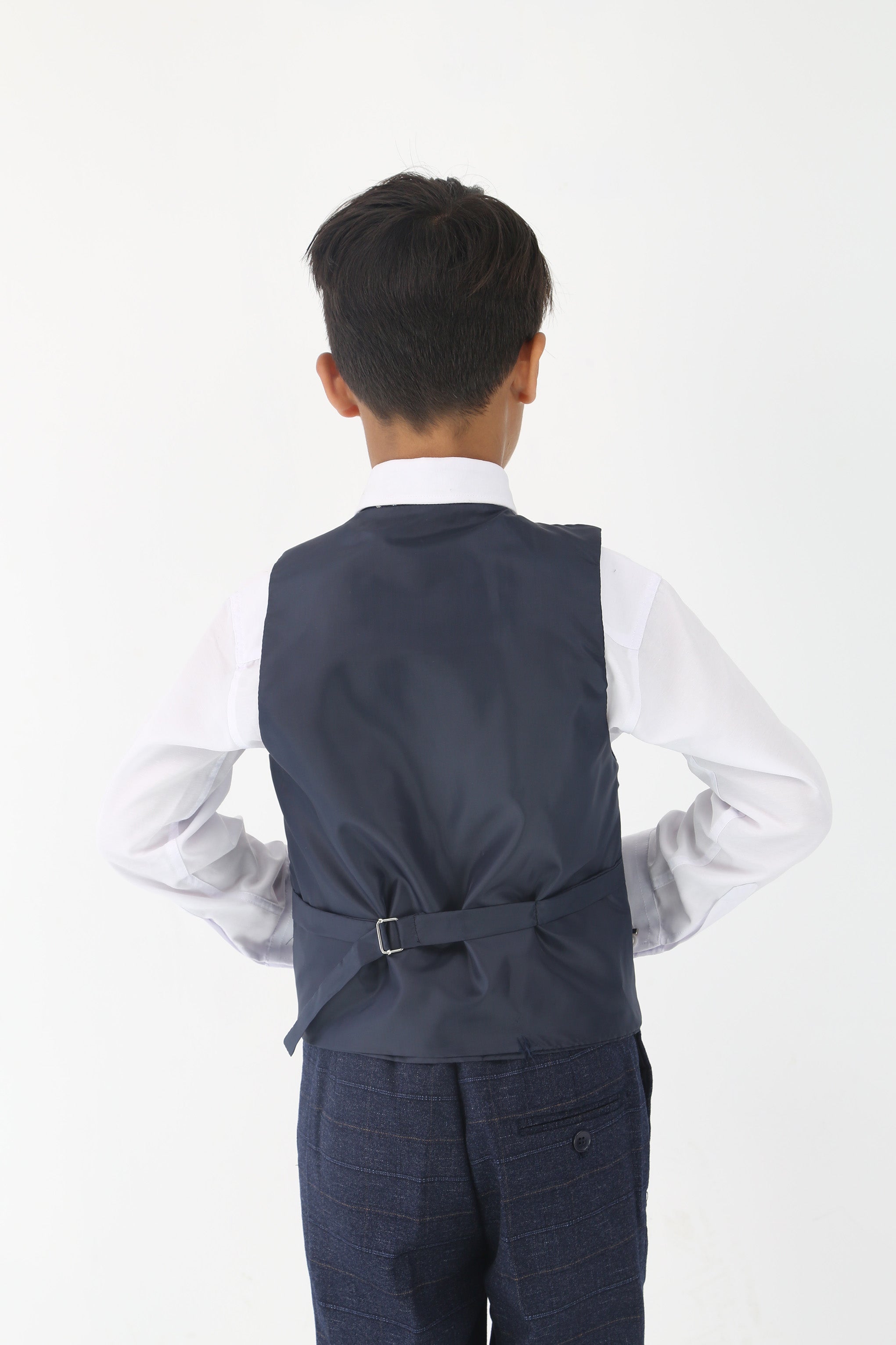 Boys Tweed Like Check Tailored Fit Formal Suit Set - Navy