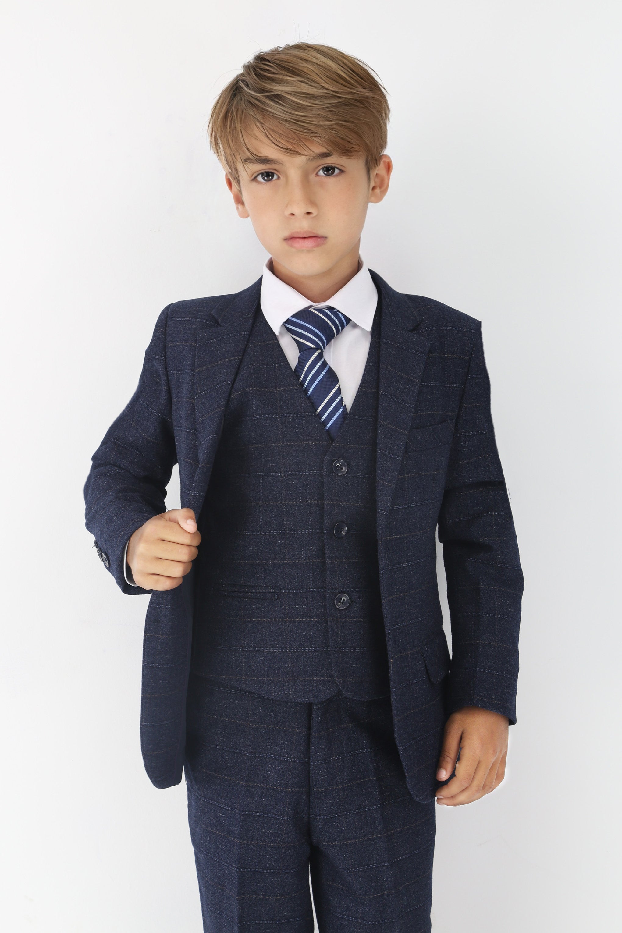 Boys Tweed Like Check Tailored Fit Formal Suit Set - Navy