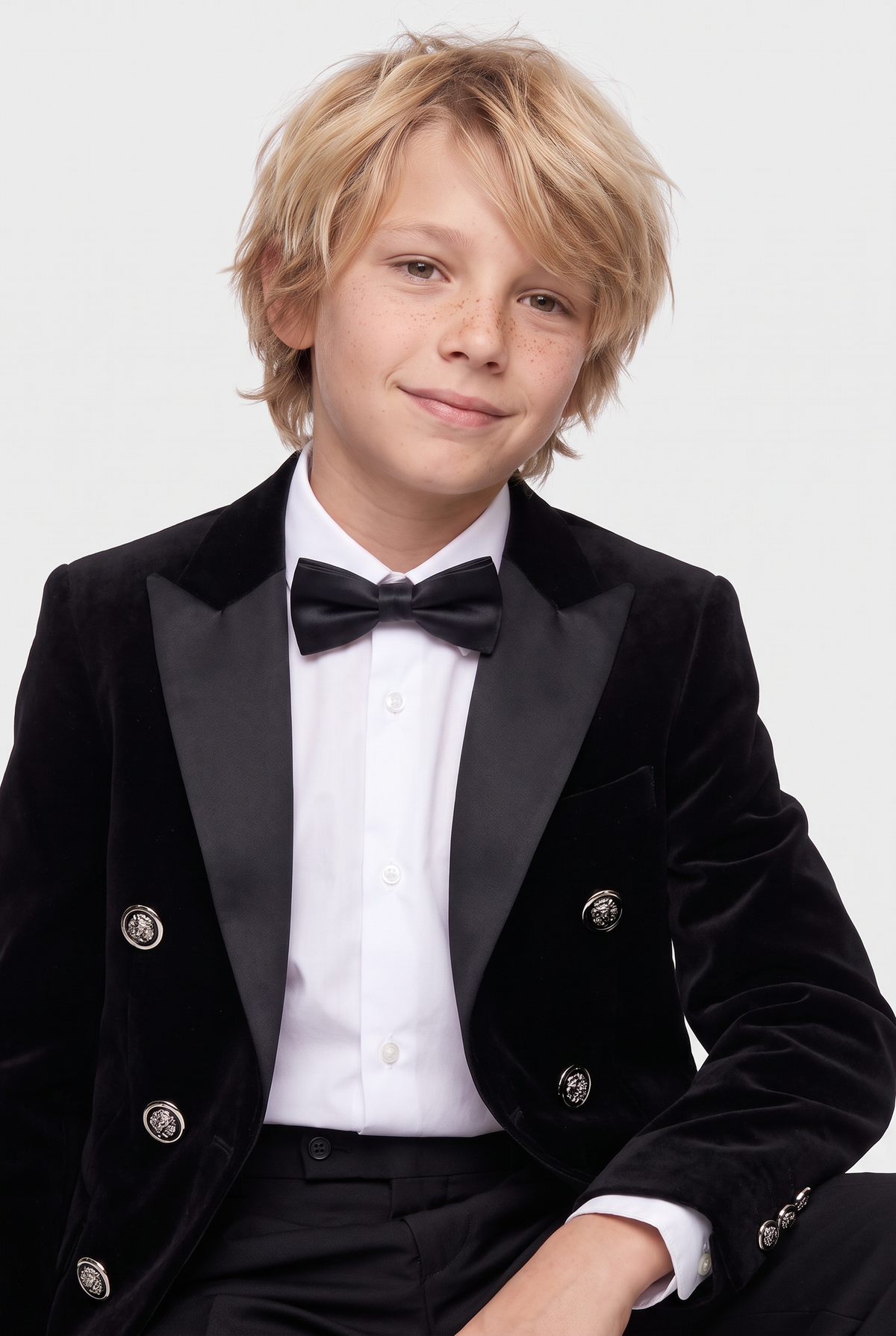 Boys Velvet Double Breasted Dinner Jacket - Black Model Picture