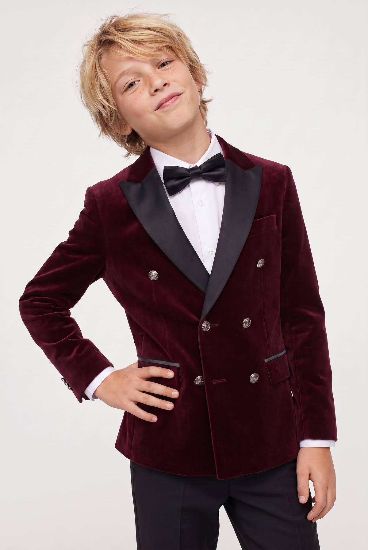 Boys Velvet Double Breasted Dinner Jacket - Burgundy Model Picture