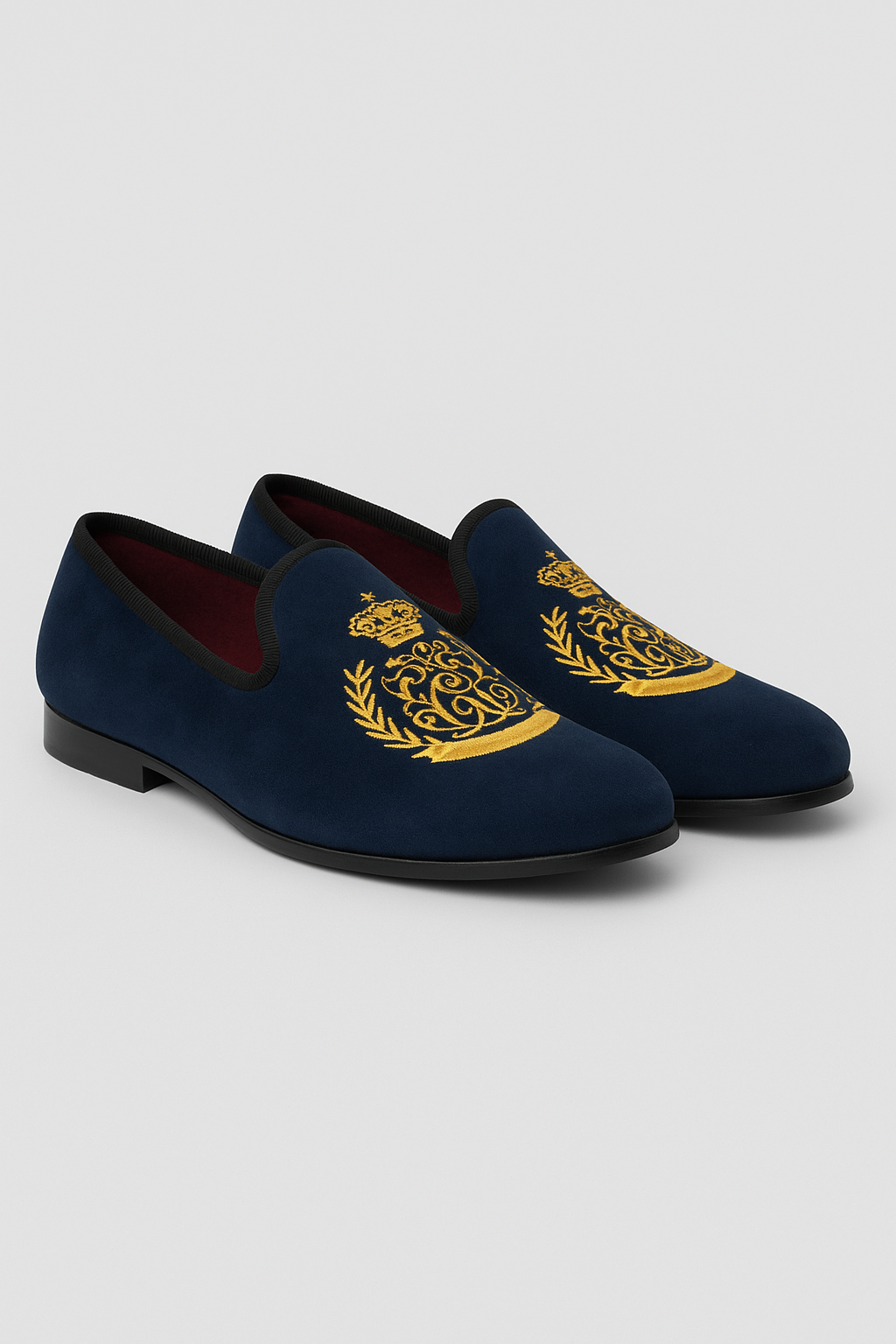 Boys Velvet Gold Crest Loafer Shoes - Navy Pair Side pIcture