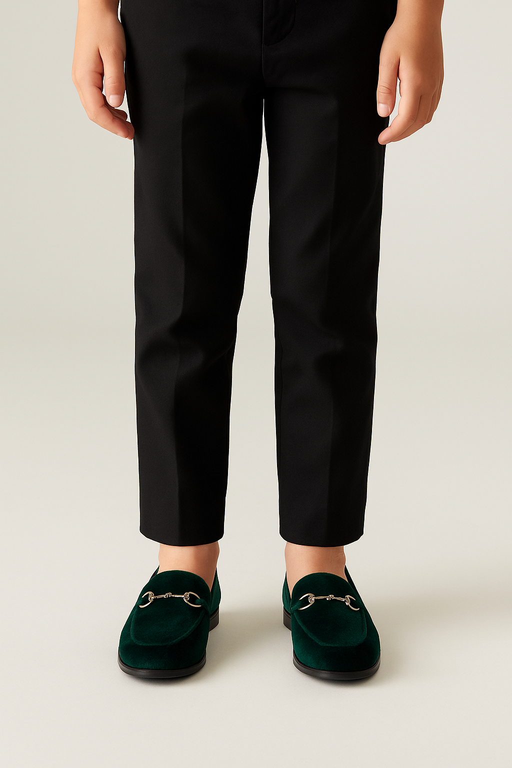 Boys Velvet Horsebit Loafer Shoes - Green Model Picture