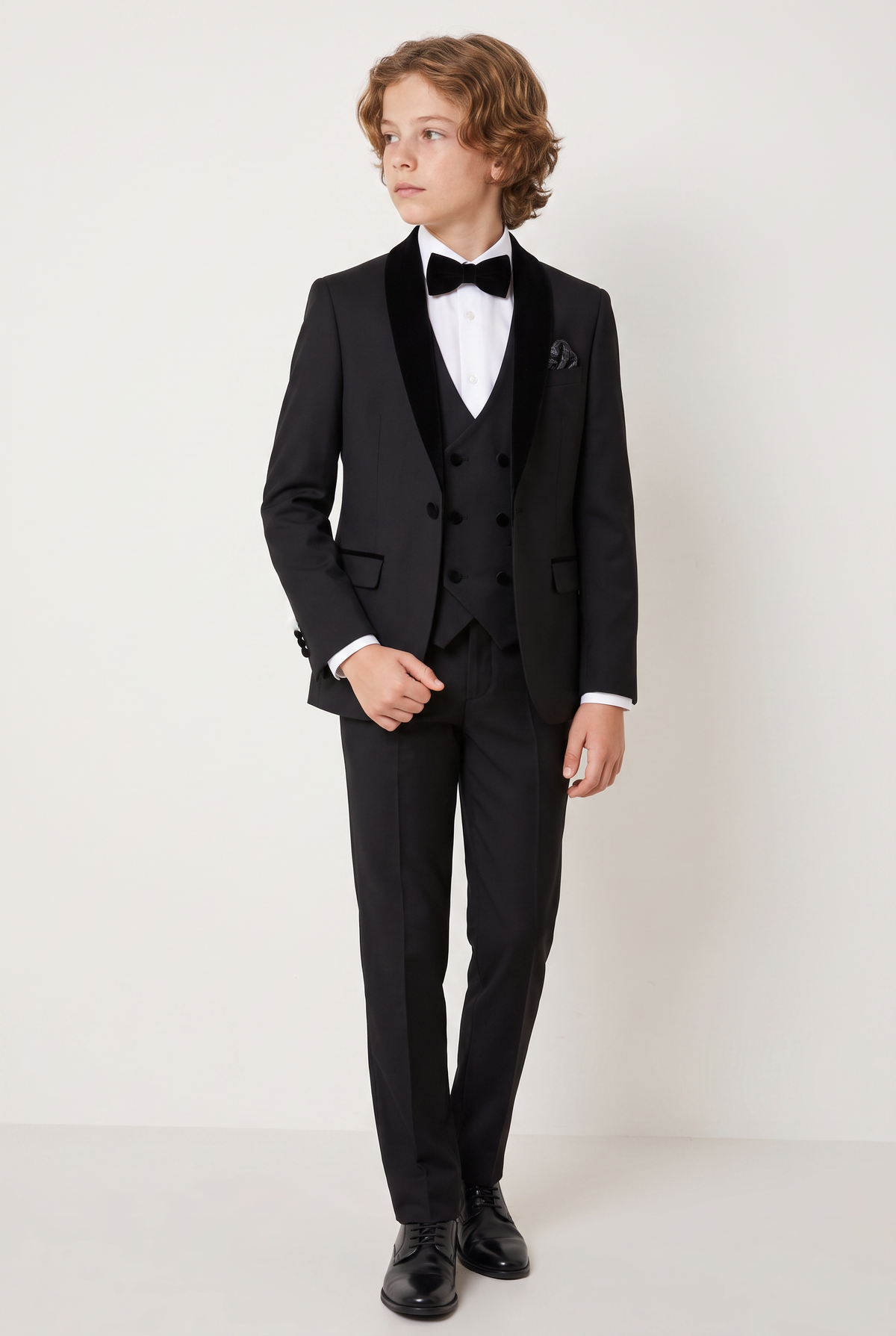 Boys Velvet Shawl Collar Tuxedo Suit - 4-Piece & 5-Piece in Black