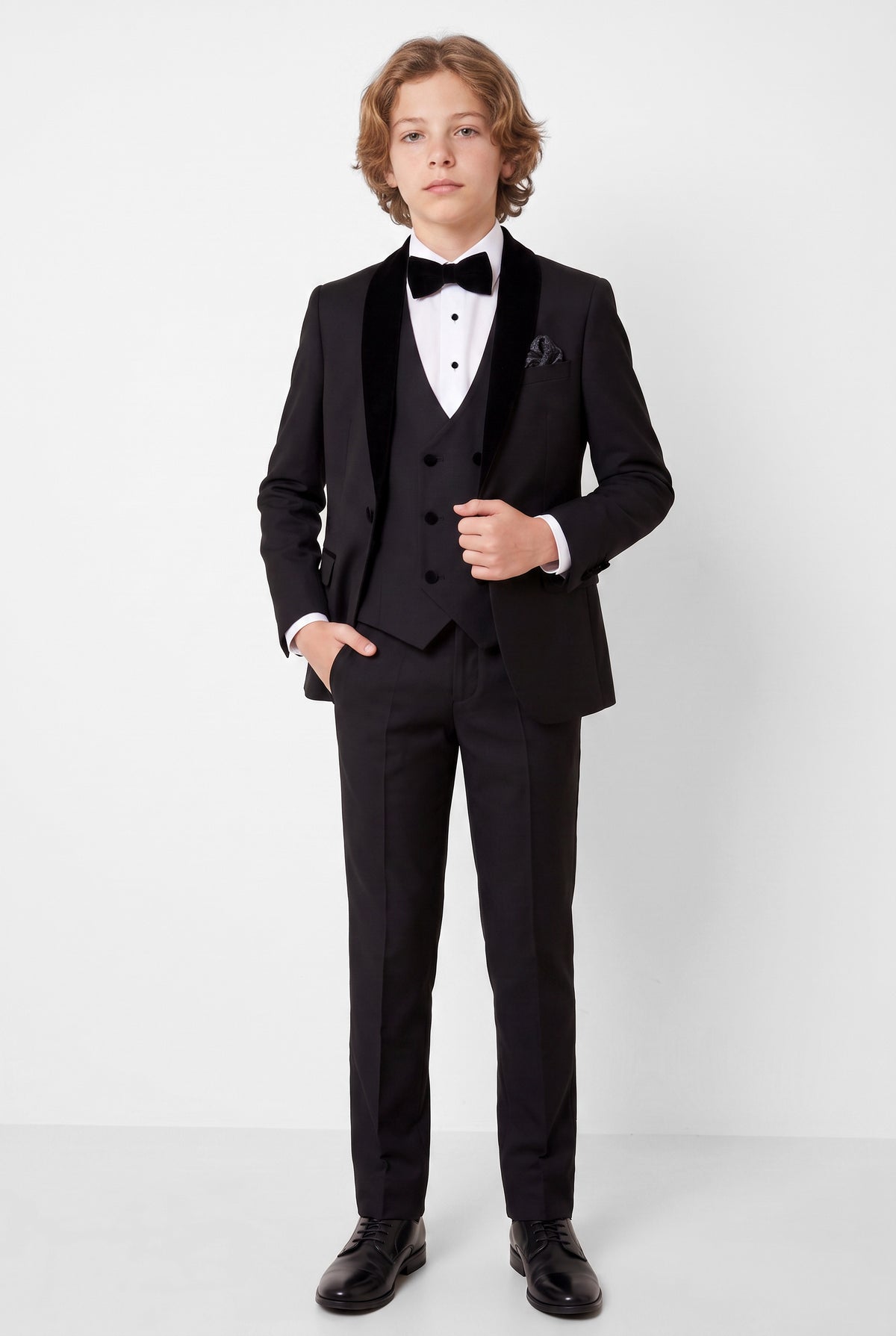 Boys Velvet Shawl Collar Tuxedo Suit - 4-Piece & 5-Piece in Black