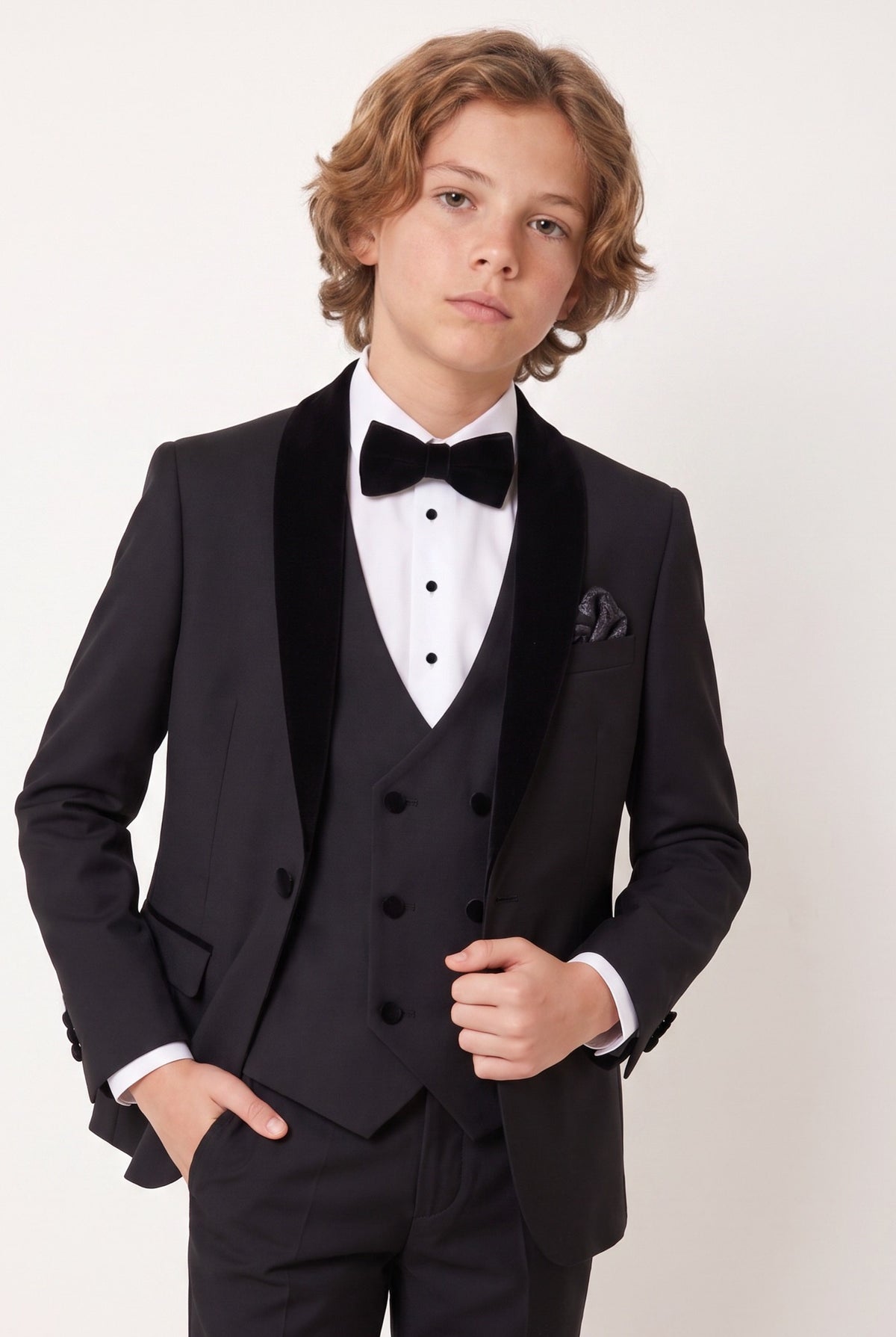 Boys Velvet Shawl Collar Tuxedo Suit - 4-Piece & 5-Piece in Black