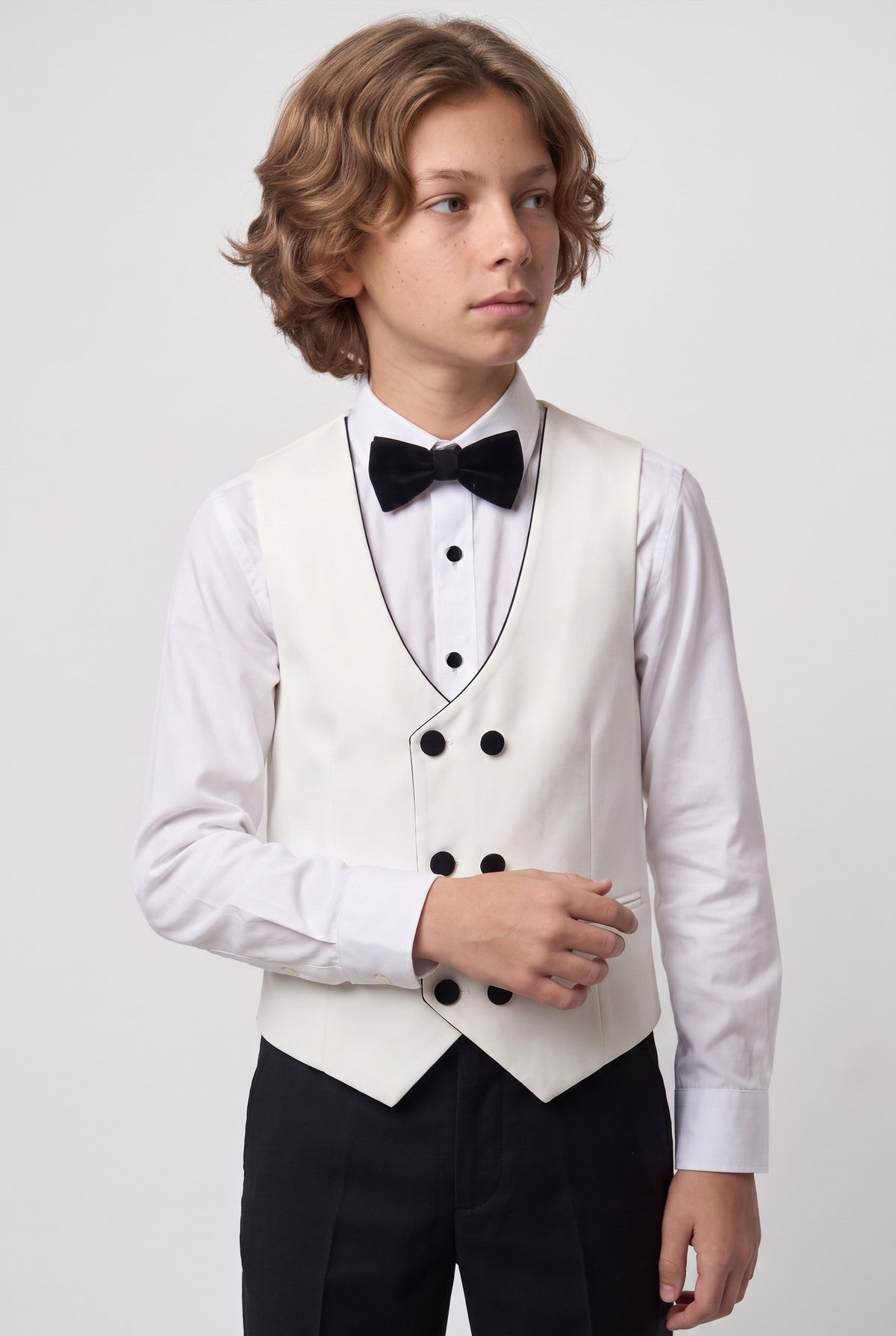 Boys Velvet Shawl Collar Tuxedo Suit - 4-Piece & 5-Piece in Ivory Waistcoat Model Front Picture