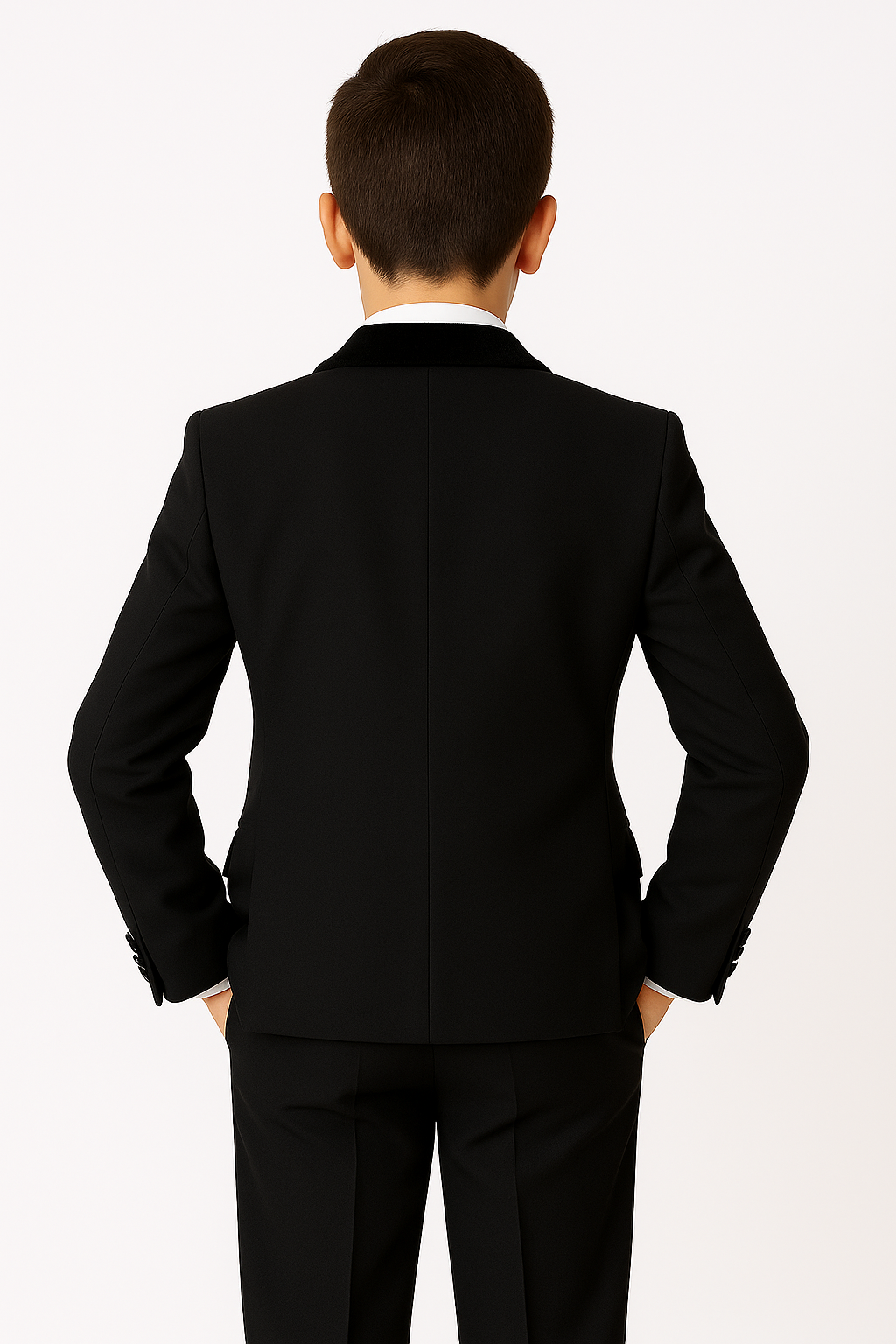Boys Velvet Trim Black Formal Suit - Black Back Picture