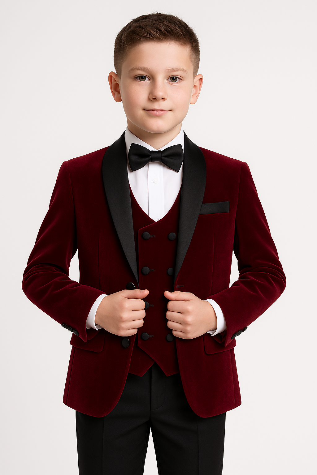 Boys Velvet Tuxedo Suit with Double-breasted Vest - Burgundy Modle Picture