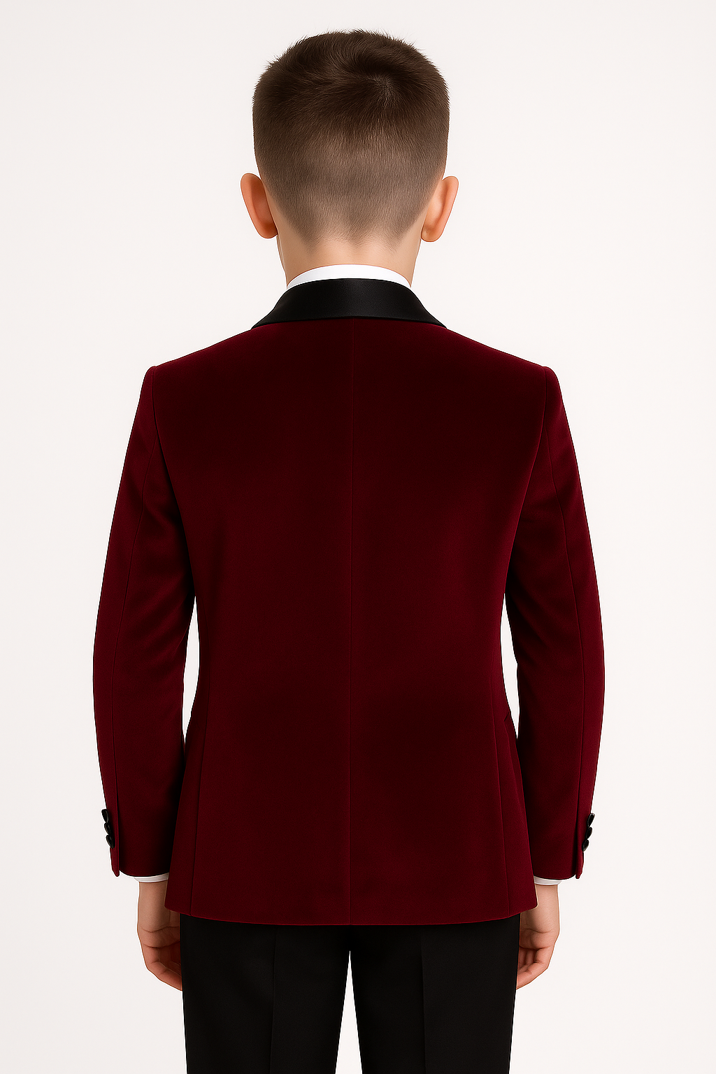 Boys Velvet Tuxedo Suit with Double-breasted Vest - Burgundy Back Picture
