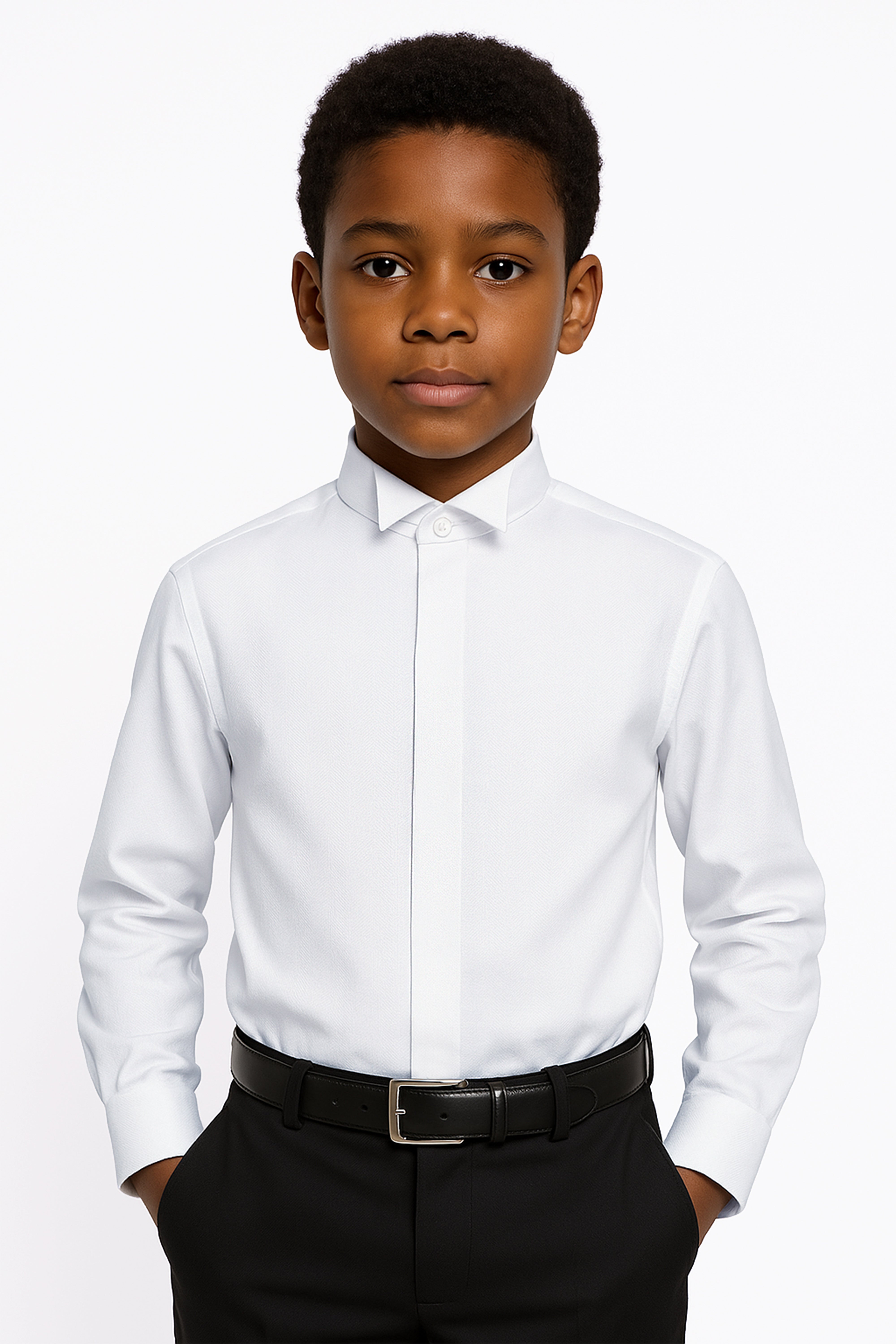 Boys Wing Collar Herringbone Dress Shirt - Harput - White Model Front Picture
