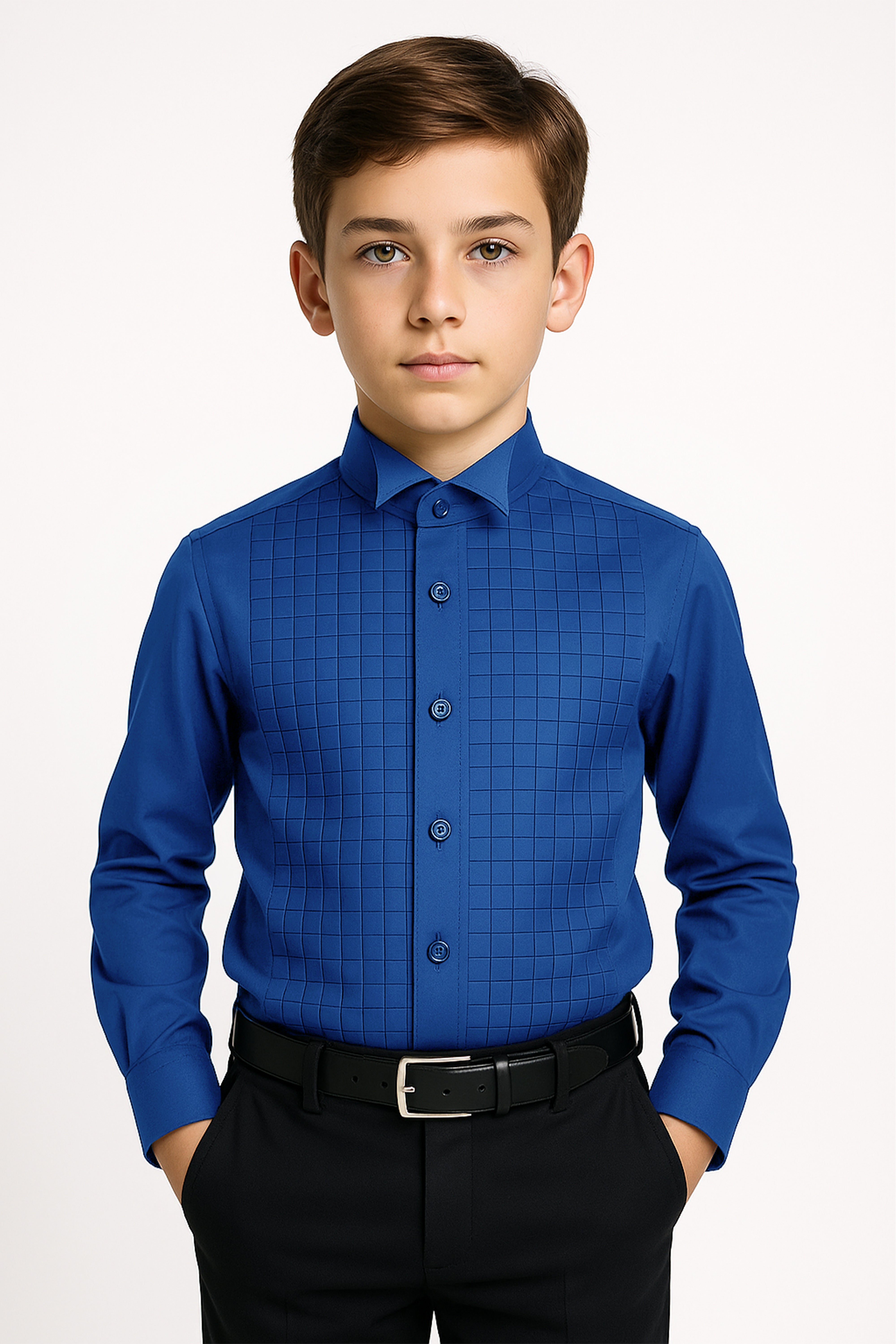 Boys Wing Collar Square Pleated Cufflink Shirt - Navy Front Picture