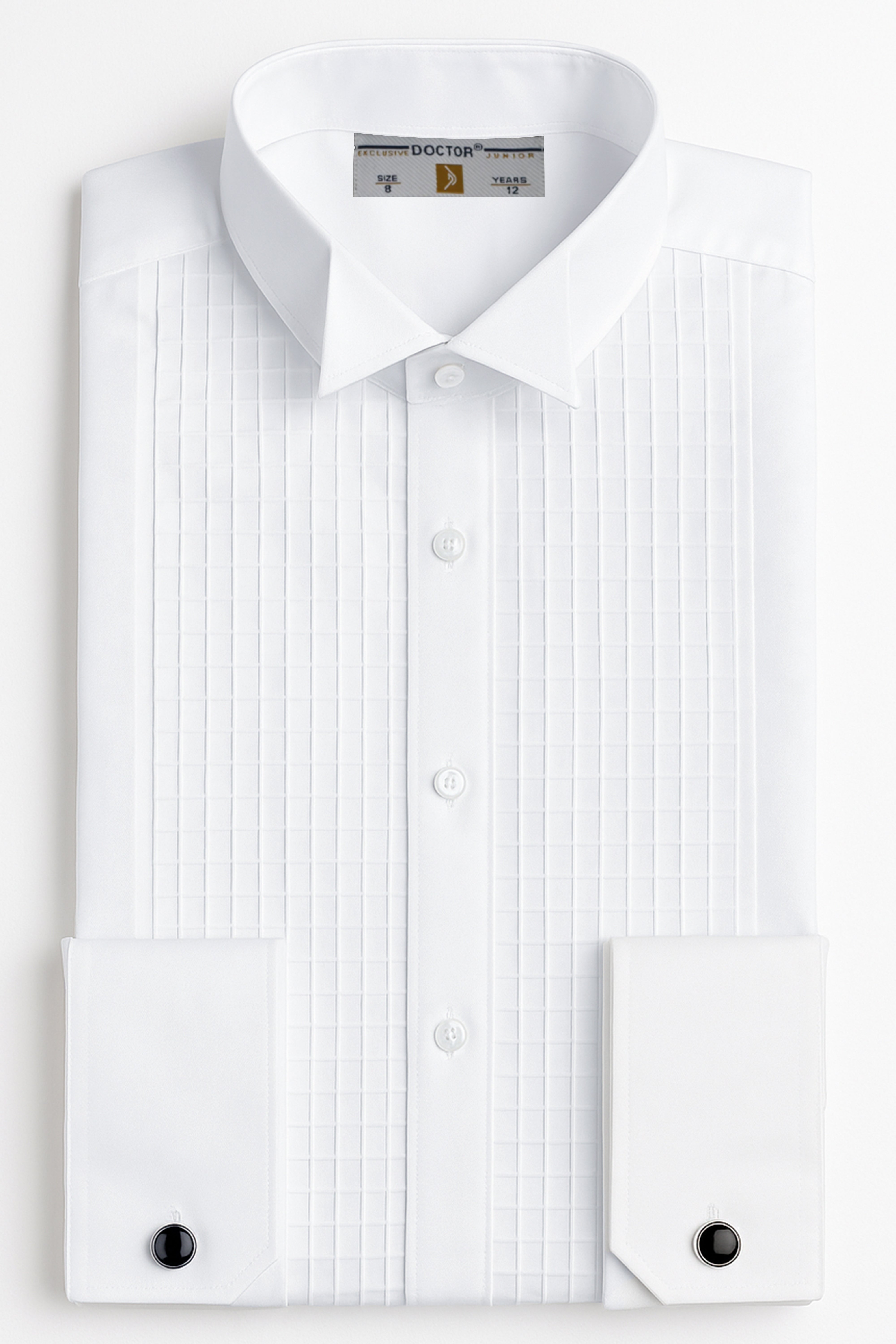 Boys Wing Collar Square Pleated Cufflink Shirt - White