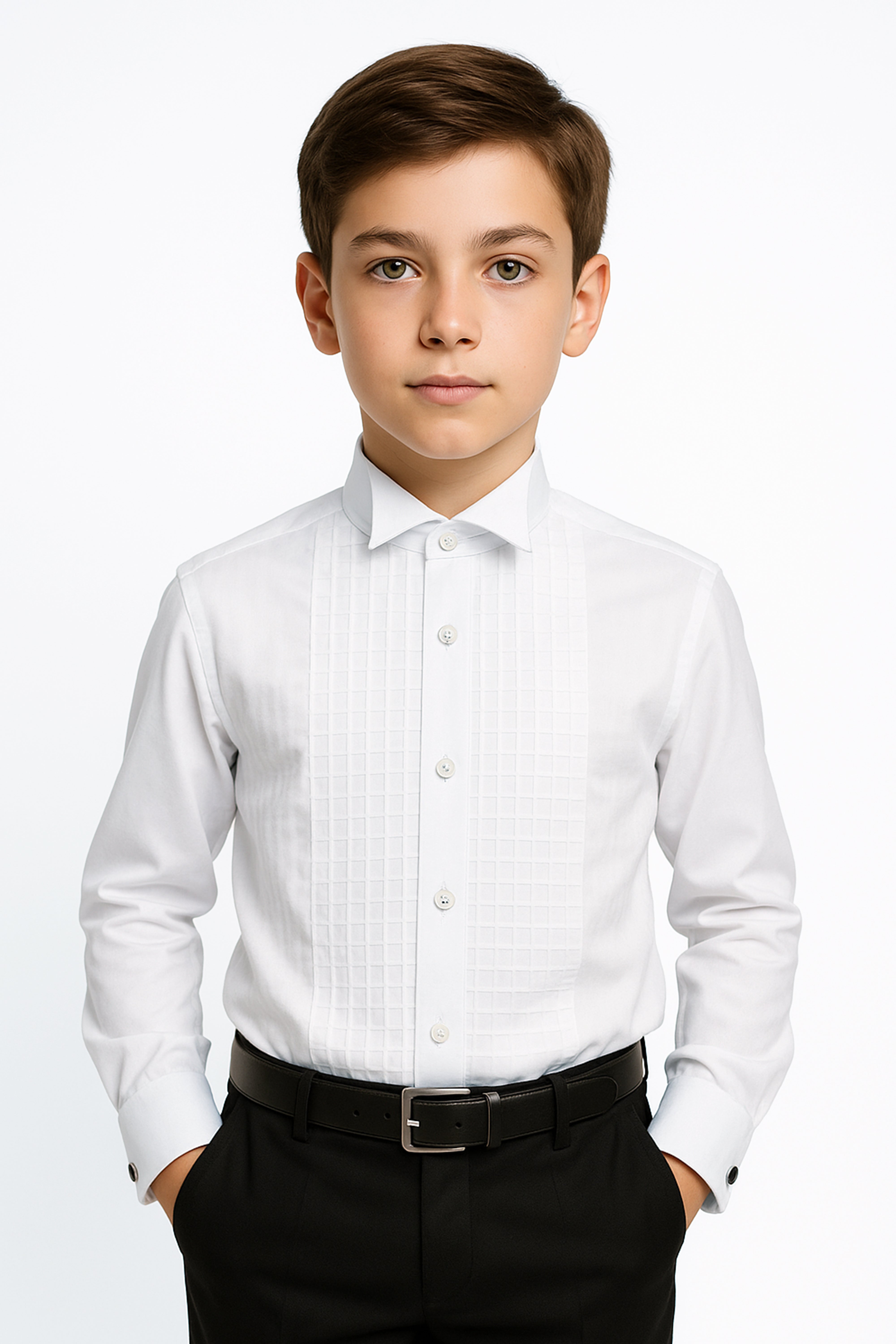 Boys Wing Collar Square Pleated Cufflink Shirt - White Front Picture