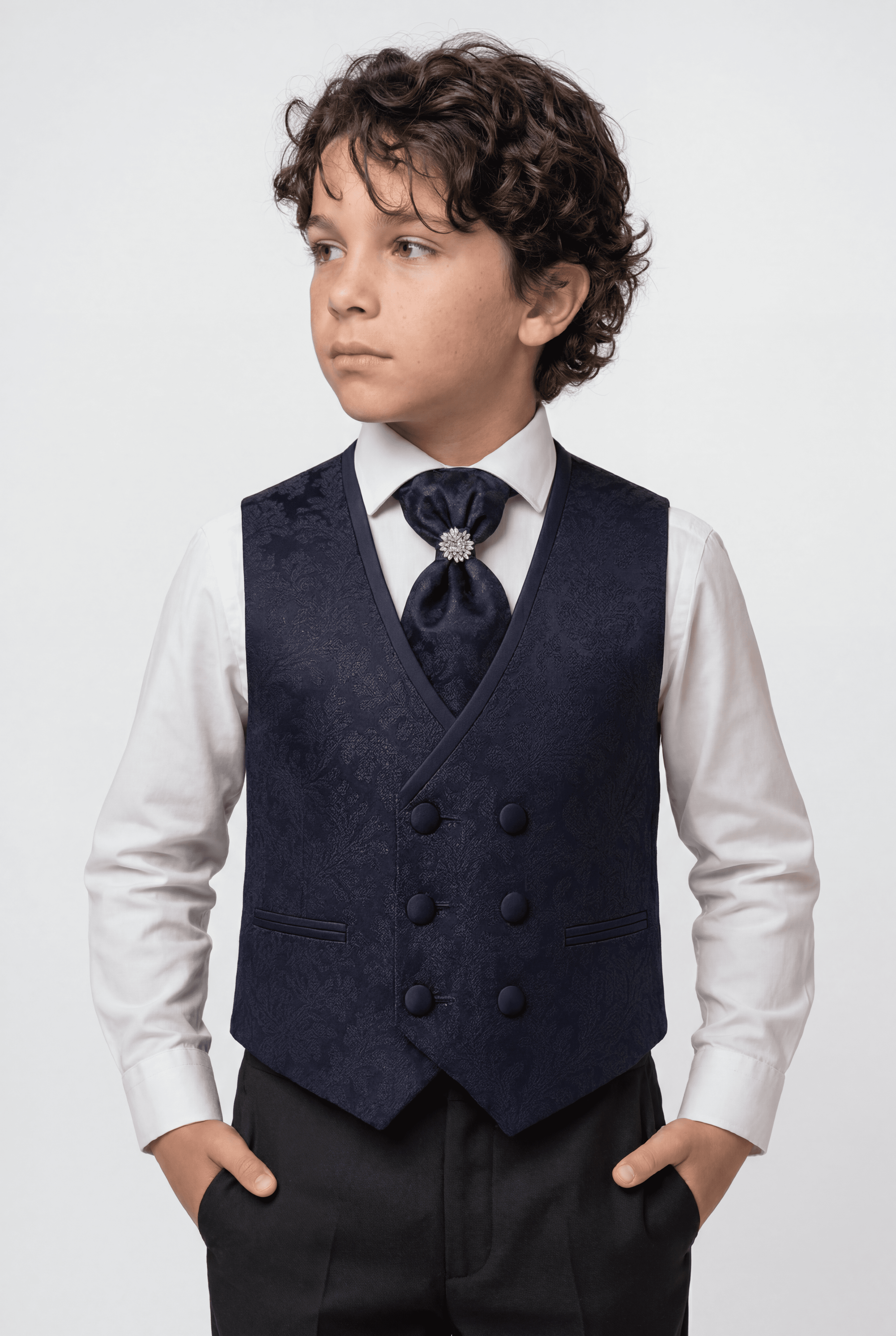 Boys 2-Piece Paisley Jacquard Waistcoat Cravat Set - Navy Blue