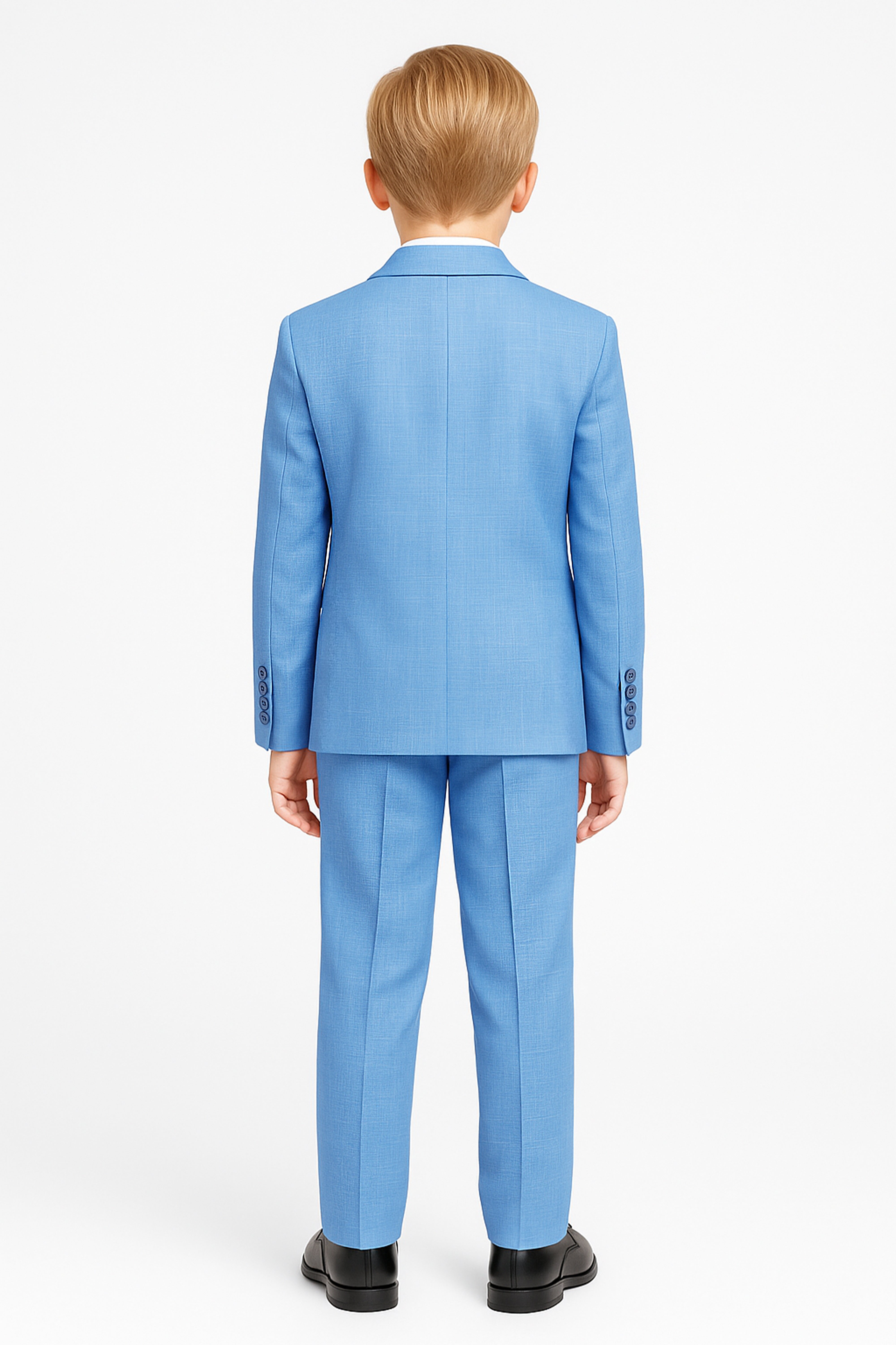 Boys’ 3-Piece Blue Textured Suit with Double Breasted Waistcoat Model Back Picture