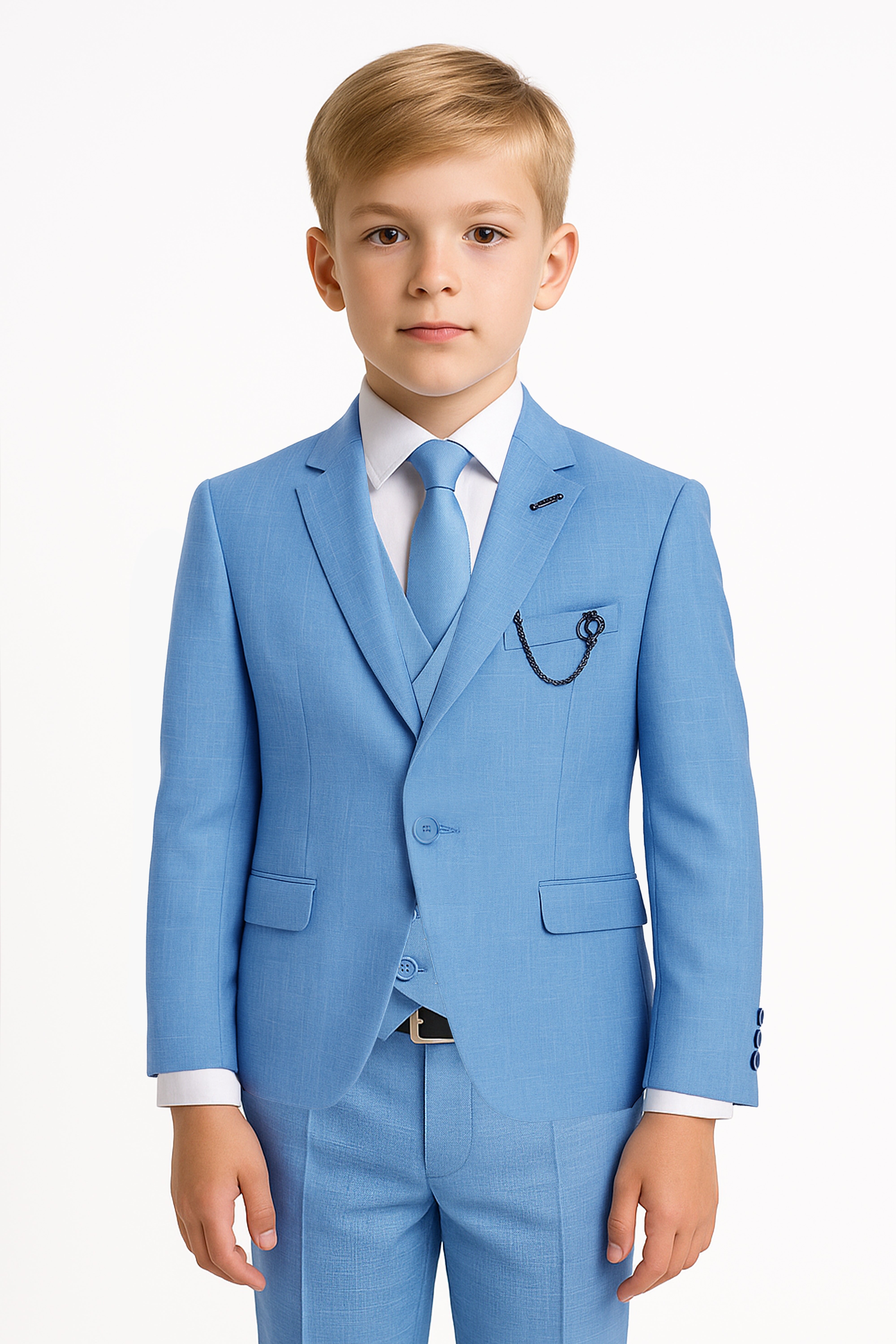 Boys’ 3-Piece Blue Textured Suit with Double Breasted Waistcoat Model Picture