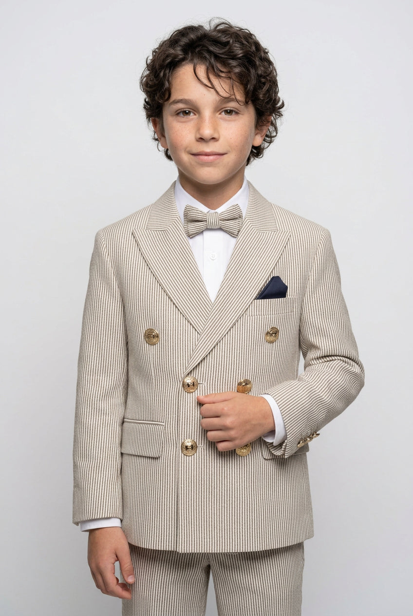 Boys’ 3-Piece Pinstripe Double-Breasted Suit - Beige & Brown