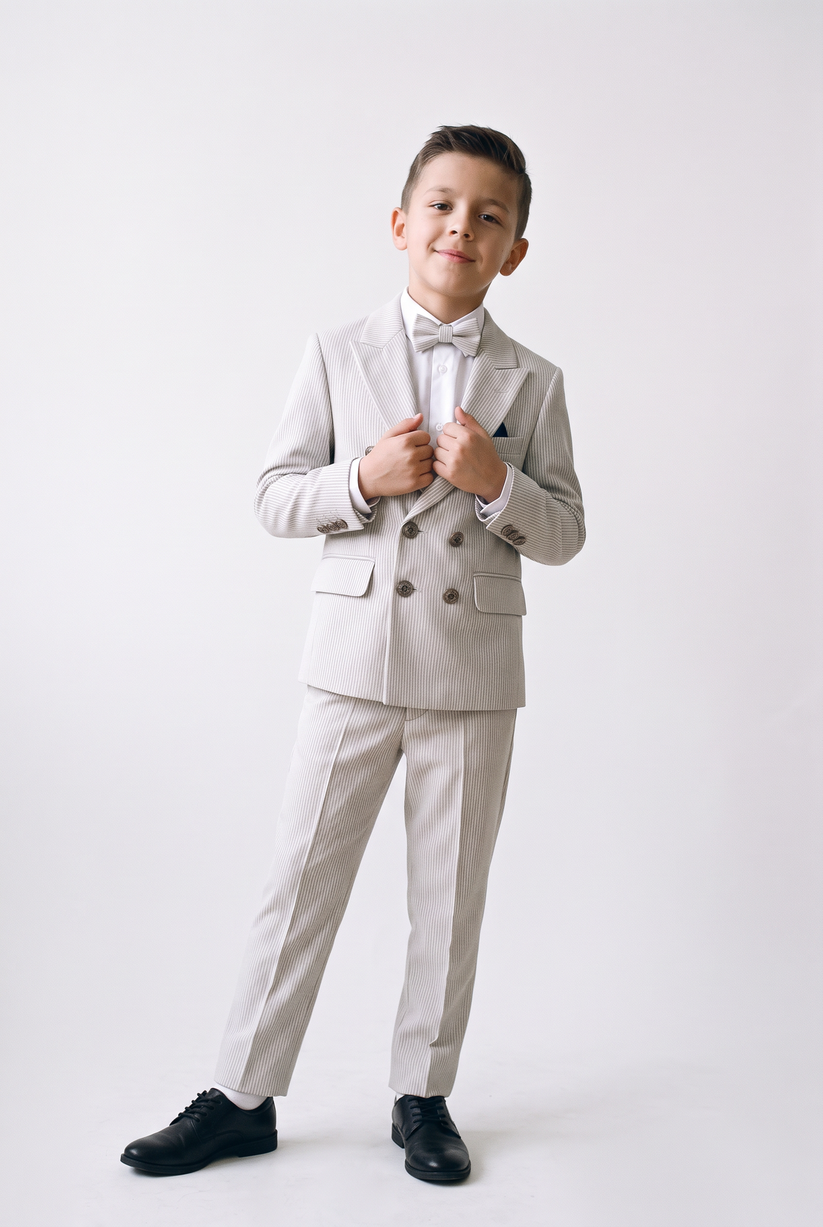 Boys’ 3-Piece Pinstripe Double-Breasted Suit - Ivory & Mocha Model Front Picture