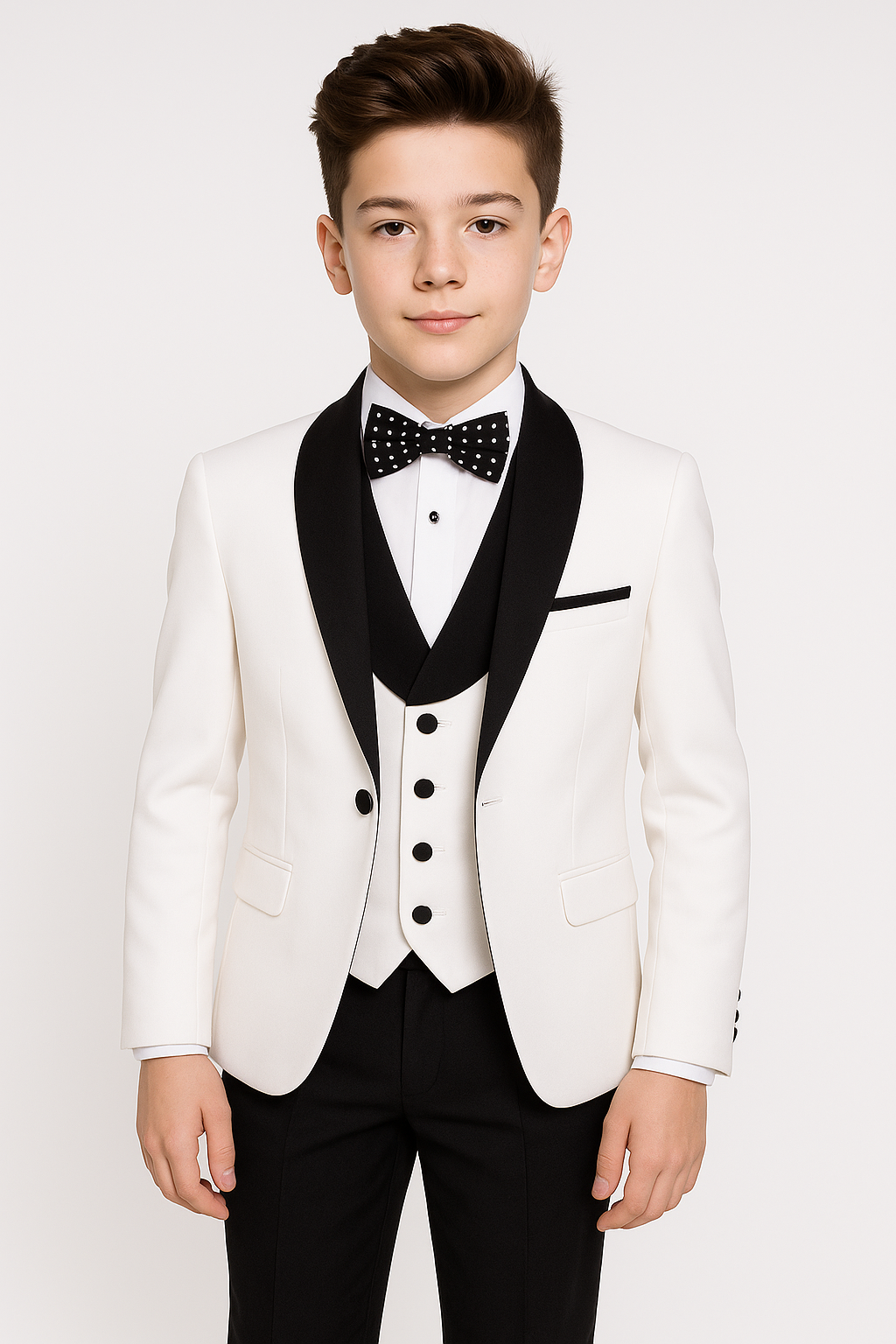 Boys' 3-Piece White Tuxedo Set with Black Details Front Picture