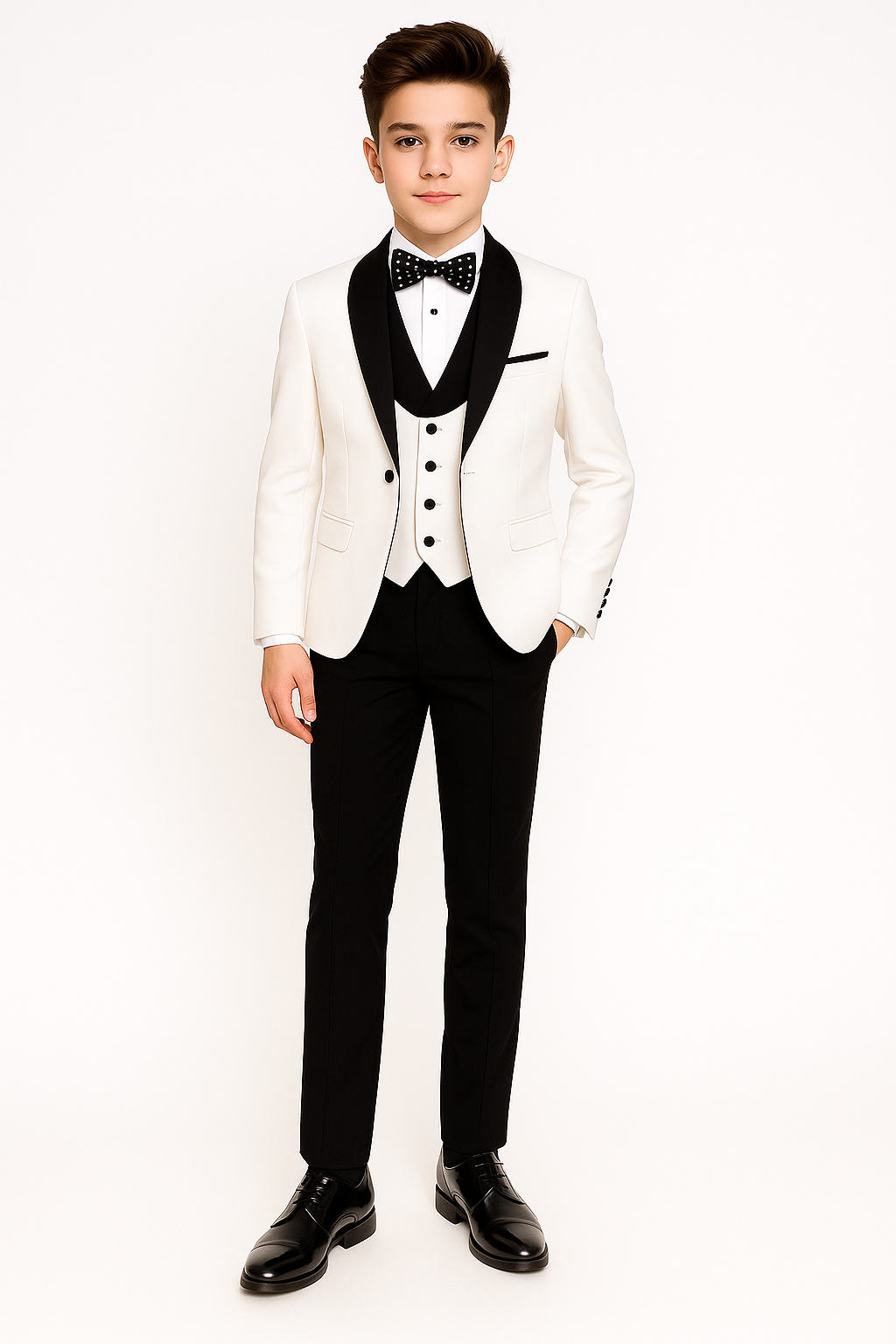 Boys' 3-Piece White Tuxedo Set with Black Details Model Picture