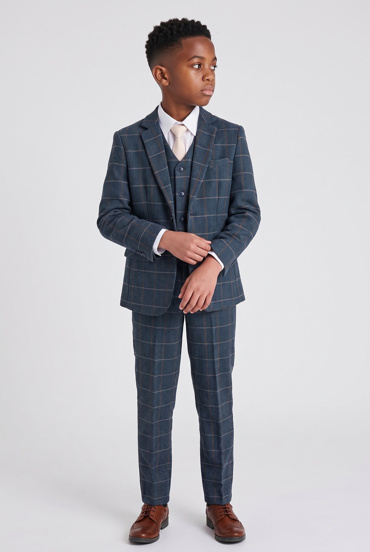 Boys 3-Piece Herringbone Windowpane Check Suit - Paul Andrew Harris Navy