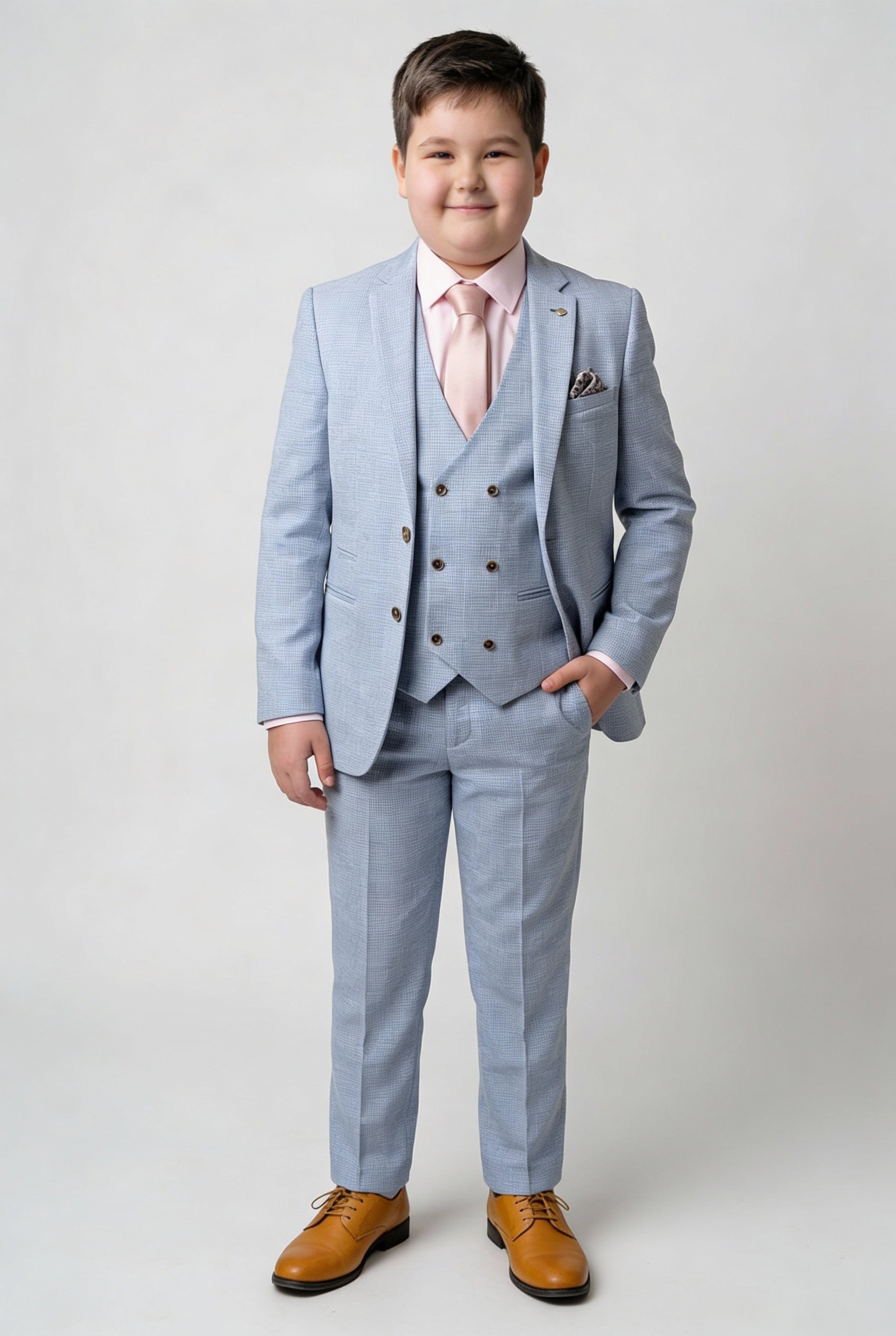 Boys 3-Piece Tweed Like Glen Check Suit - Luis Pale Blue
