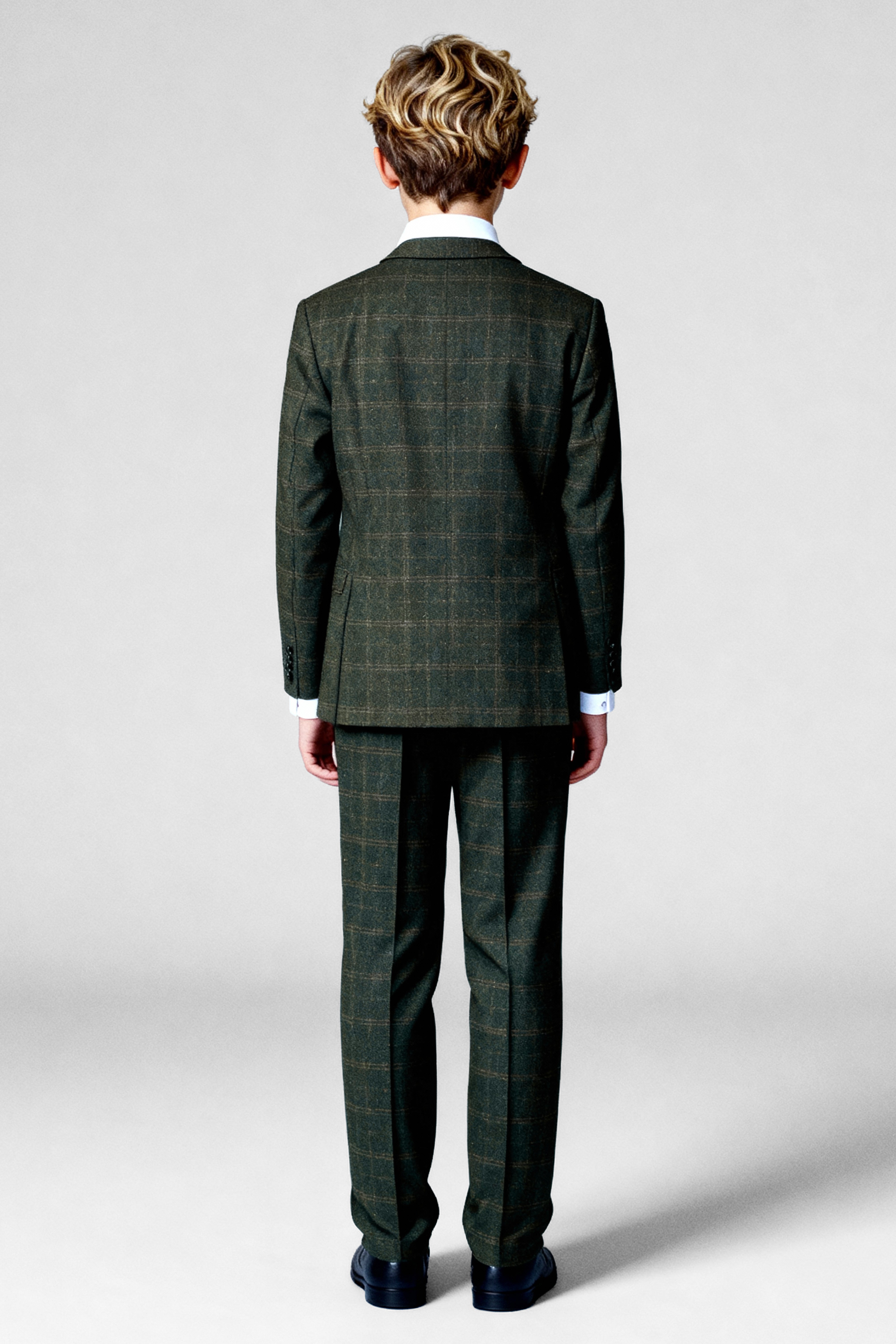 Boys 3-Piece Wool Tweed Windowpane Check Suit - Joshua - Forest Green