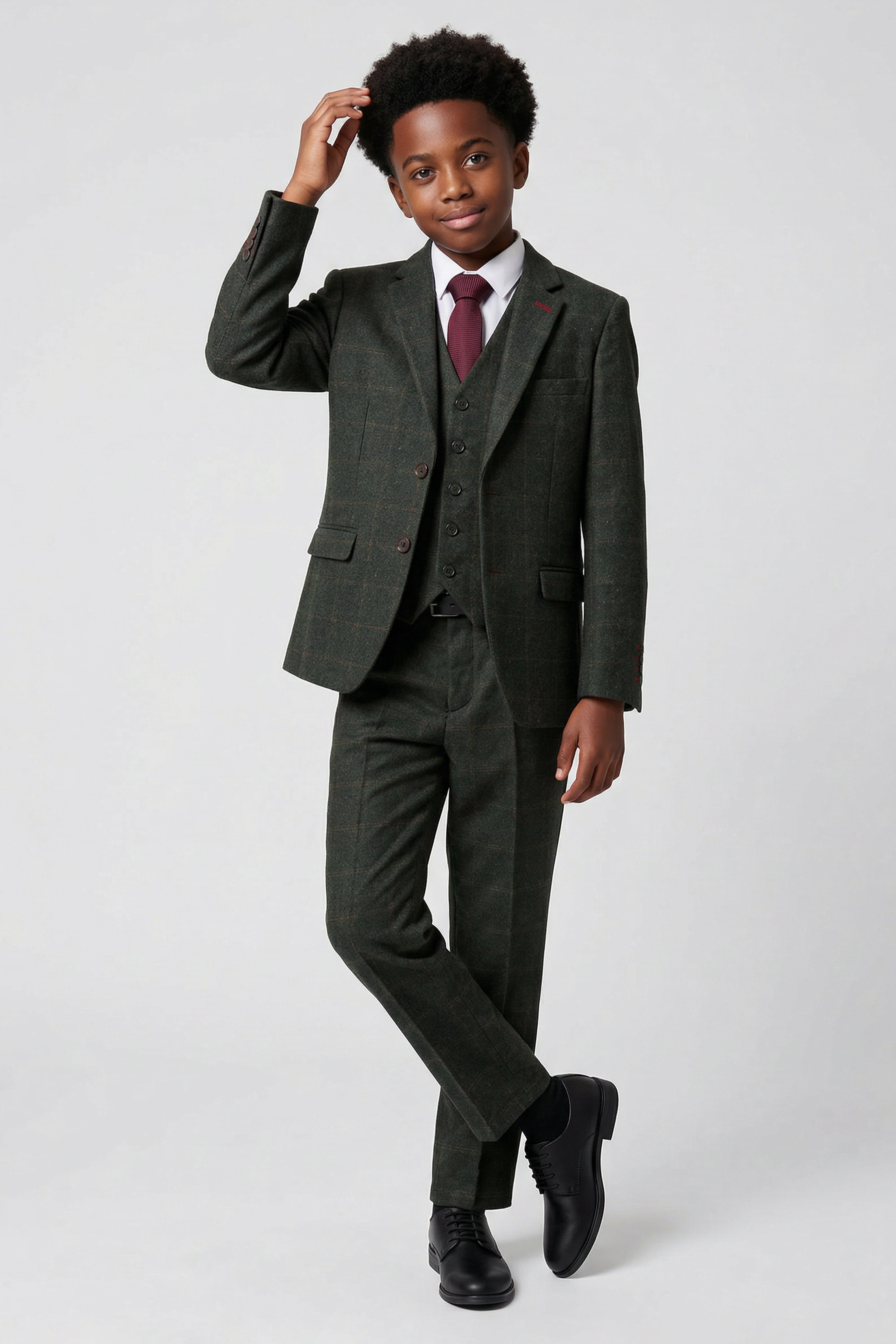 Boys 3-Piece Wool Tweed Windowpane Check Suit - Joshua - Forest Green
